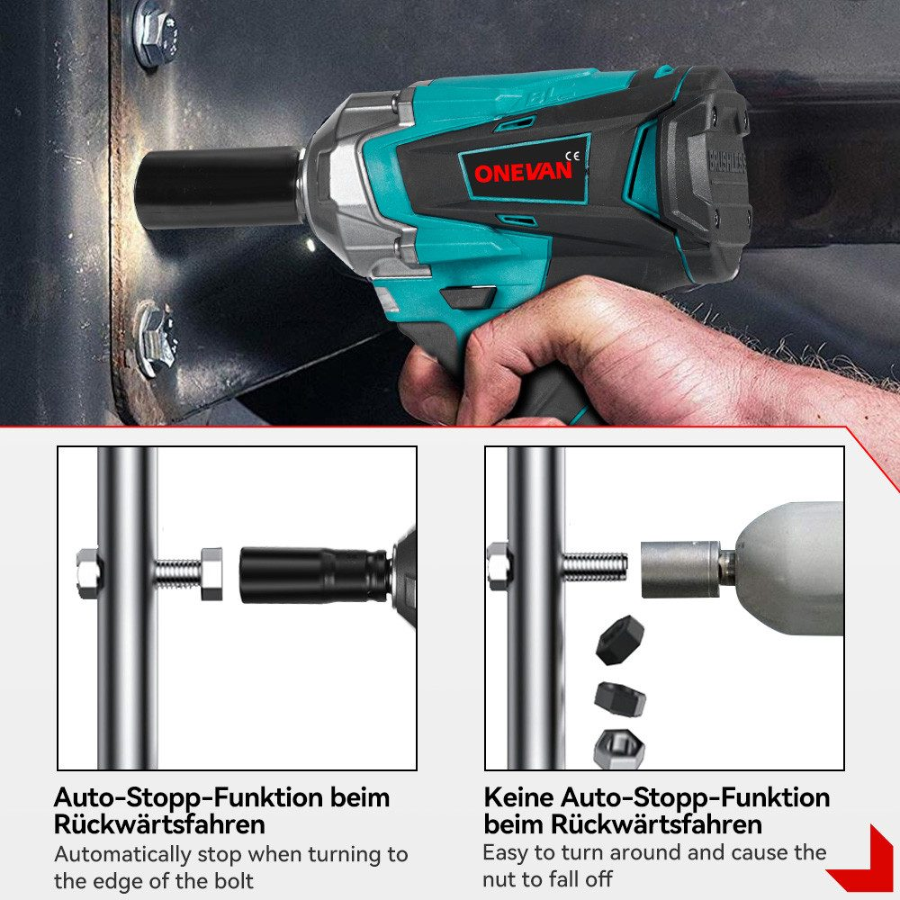 Ein Elektroschlüssel wird an einer Schraube verwendet. Er hat einen schwarzen Kopf und einen teal- und schwarzen Körper. Zwei Diagramme zeigen den Schraubenbetrieb mit und ohne Auto-Stopp.