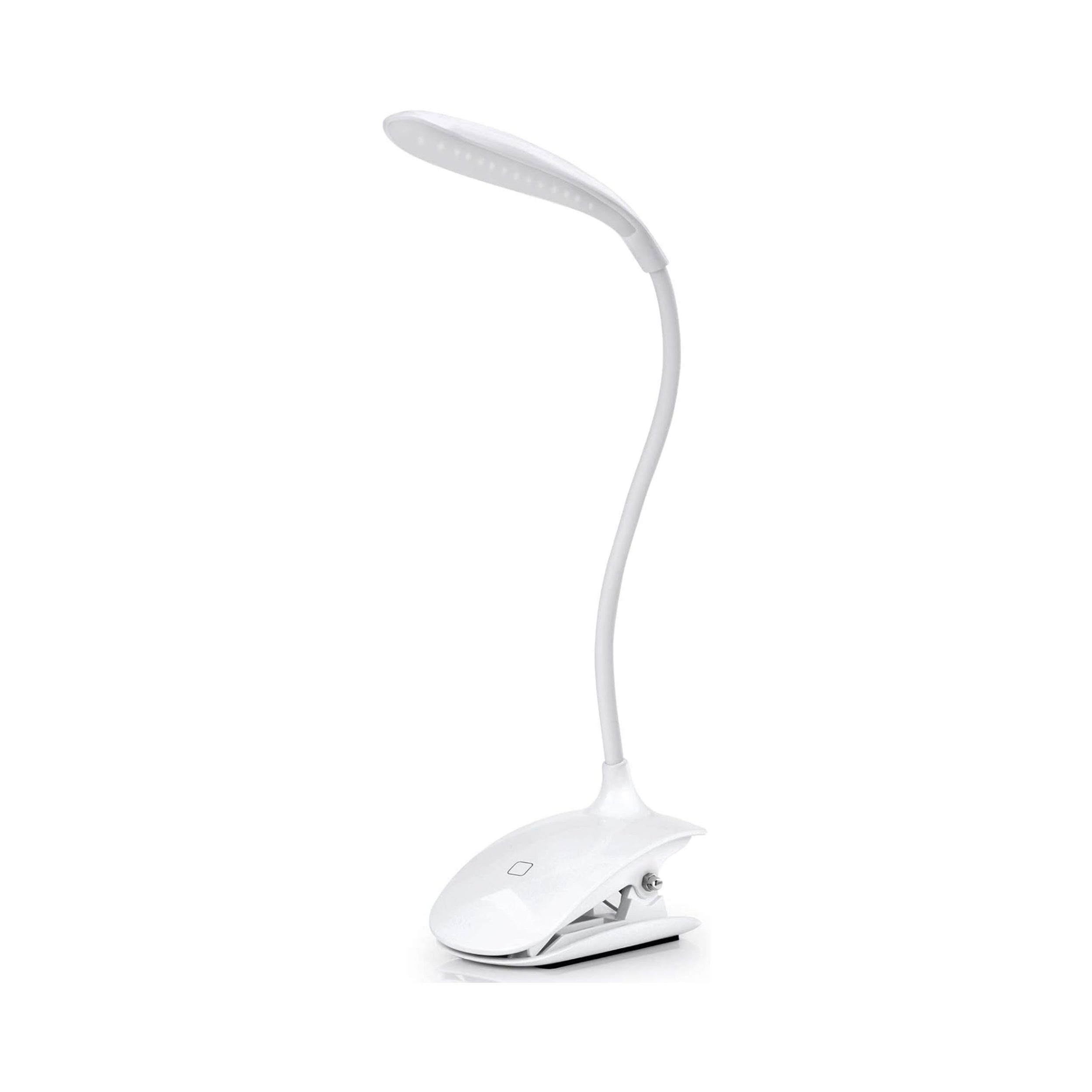 Eine weiße Schreibtischlampe. Sie hat einen flexiblen Hals und einen Clipfuß. Der Lampenkopf hat kleine Lichter.
