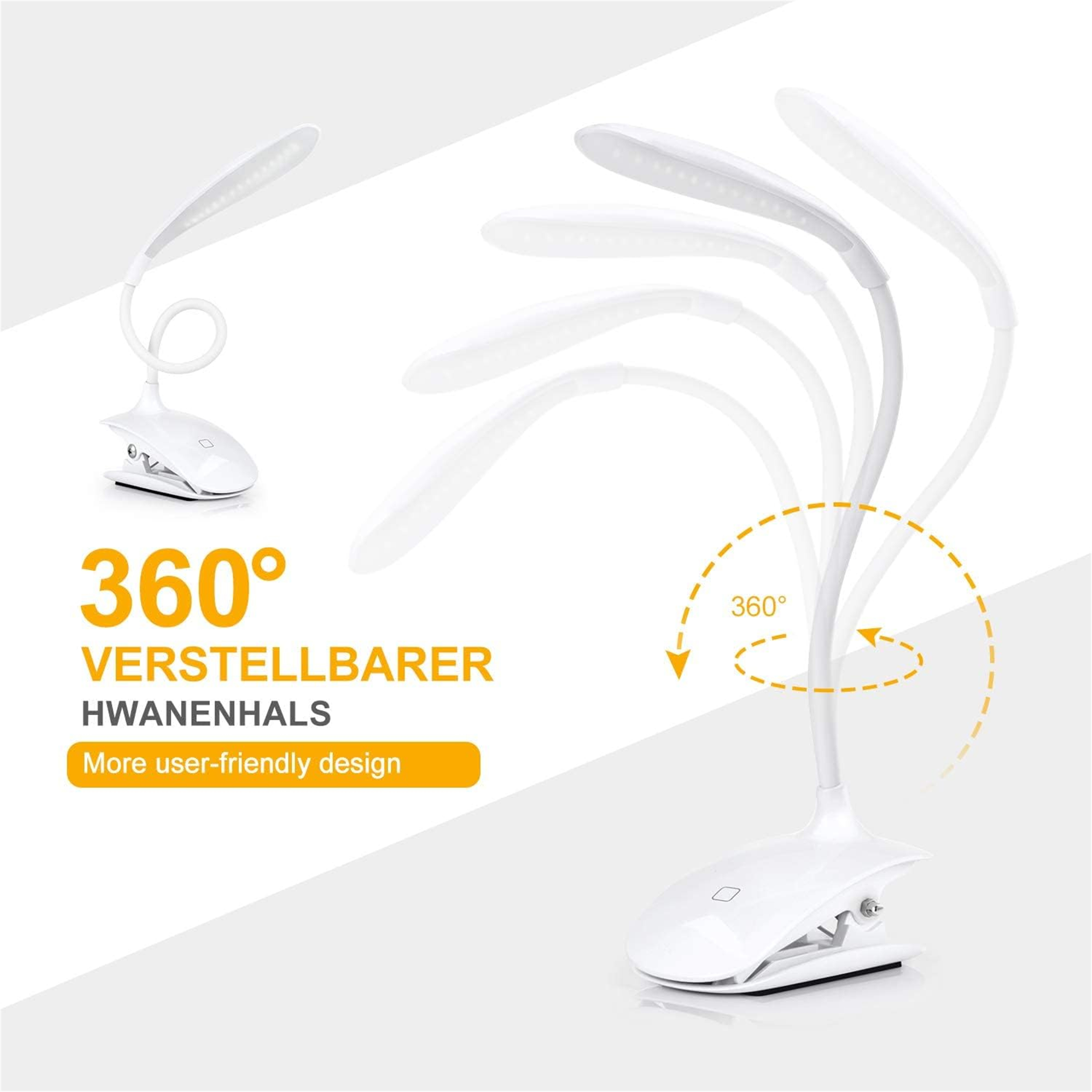 Weiße Schreibtischlampe mit 360°-Einstellbarkeit, hervorgehoben durch Grafiken, Text und einen Hinweis auf benutzerfreundliches Design.