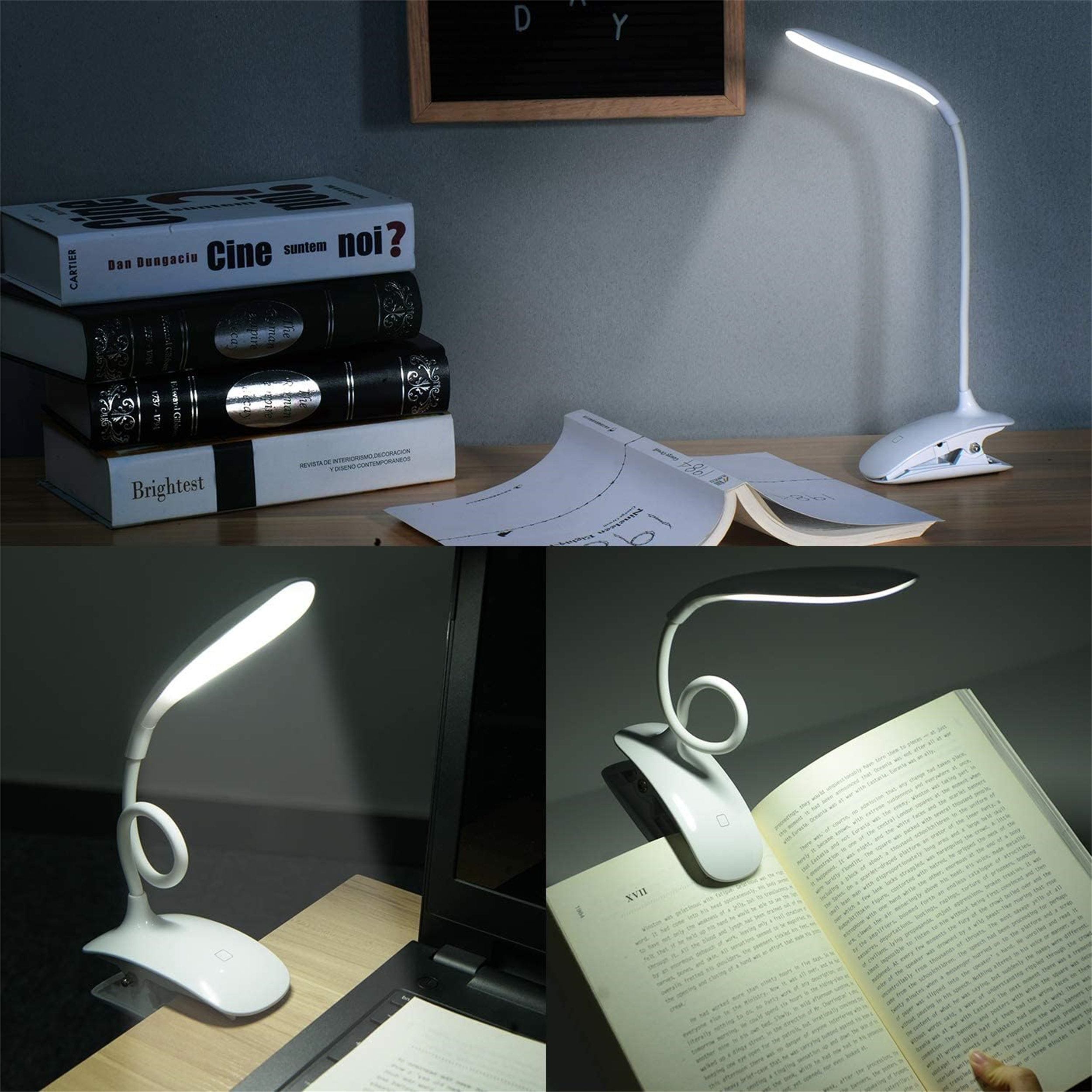 Das Bild zeigt einen Schreibtisch mit Büchern, einer Lampe und einem offenen Buch. Die Lampe ist eingeschaltet.