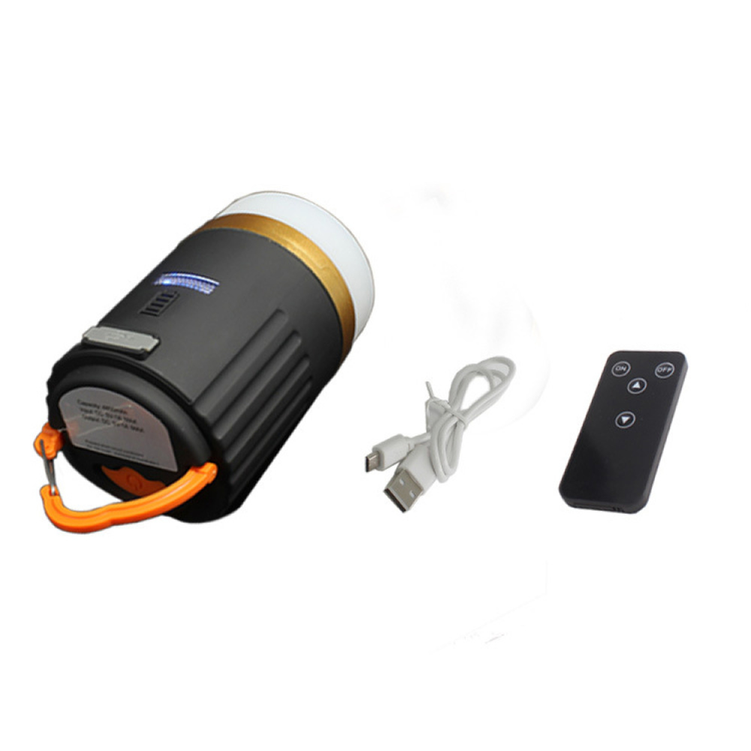 Eine schwarze Laterne mit weißem Oberteil, goldenem Band und orangefarbenem Griff. Ein weißes Ladekabel und eine schwarze Fernbedienung sind ebenfalls vorhanden.