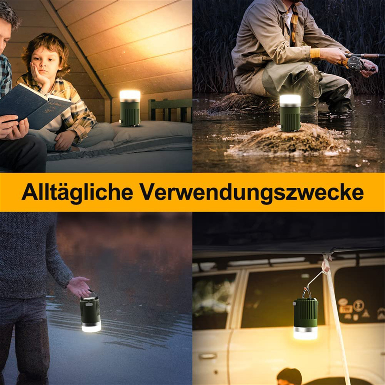 Das Bild zeigt die Lampe in verschiedenen Szenarien: Lesen, Angeln, Halten und Camping.