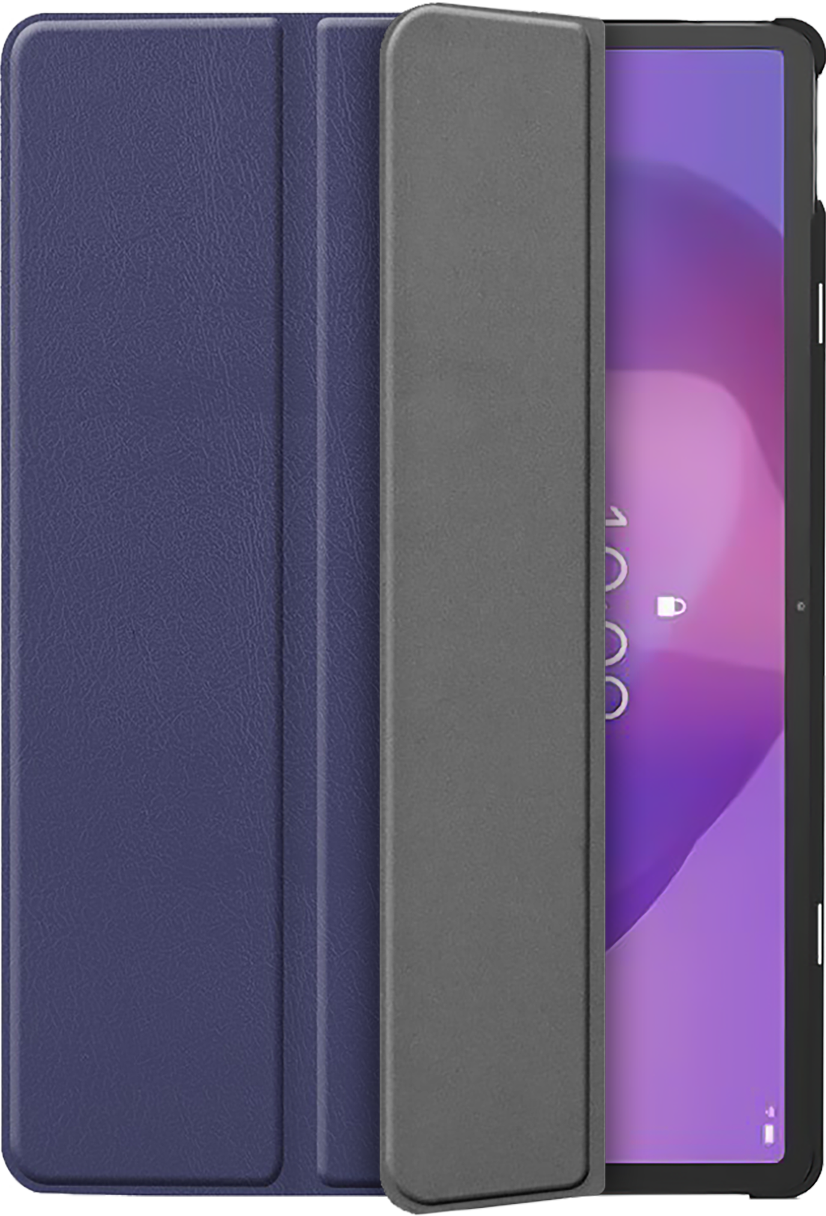 Ein Tablet in einer dunkelblauen Hülle, mit einer grauen Abdeckung, die geöffnet ist, um den Bildschirm mit Zahlen zu zeigen.