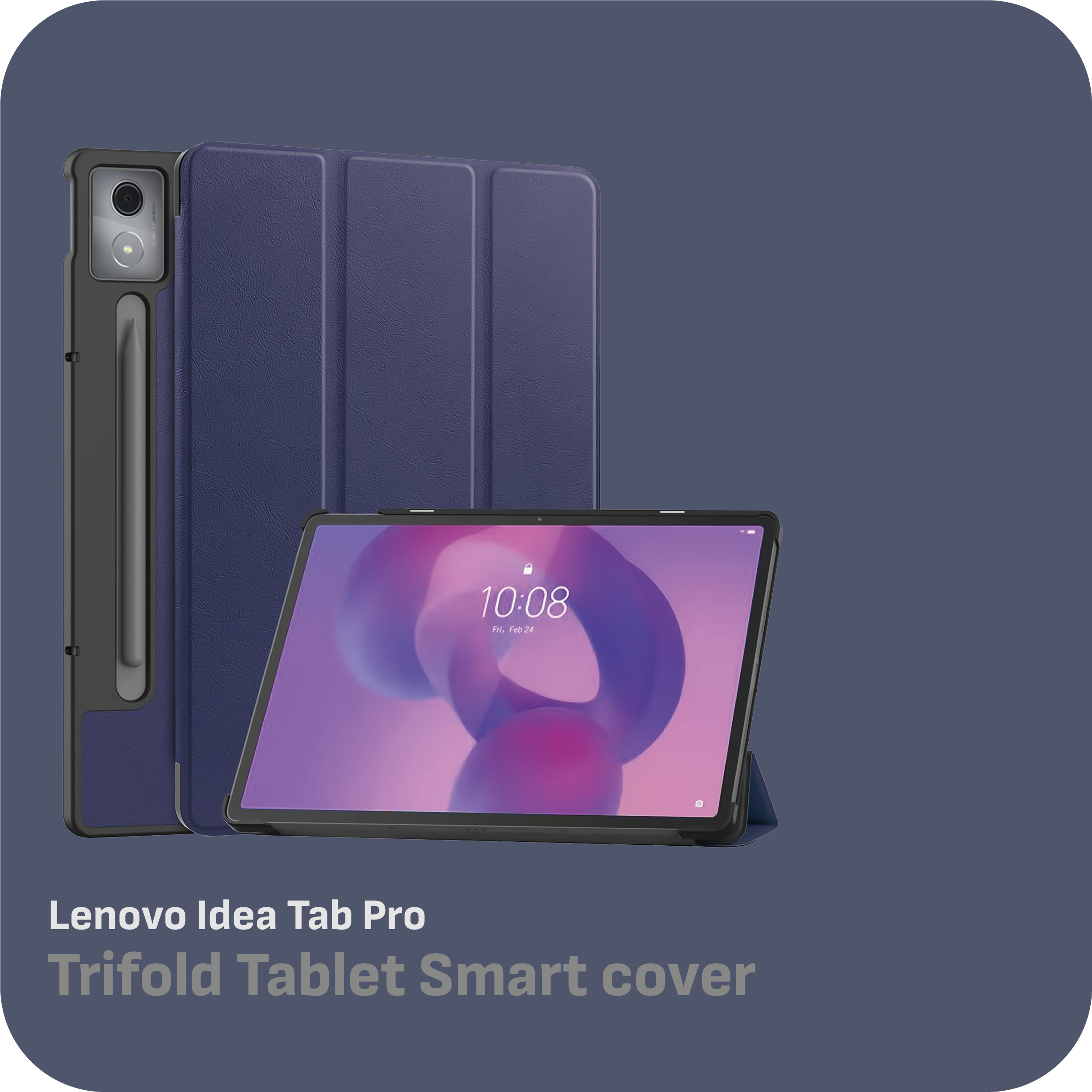 Ein Lenovo Idea Tab Pro mit blauem Dreifach-Smartcover. Das Tablet zeigt Zeit und Datum an. Der Hintergrund ist blau.