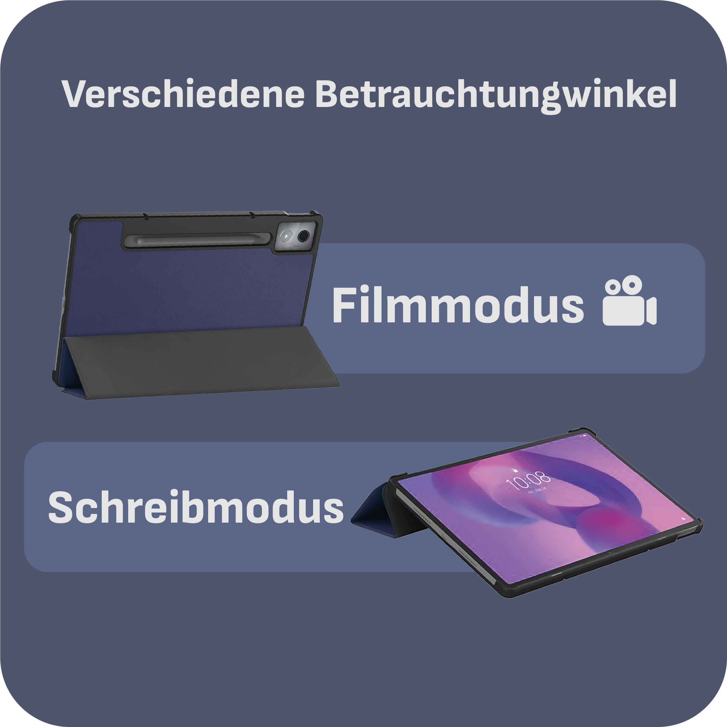 Das Bild zeigt ein Tablet mit Hülle in zwei Modi. Beschriftungen: Filmmodus und Schreibmodus. Text sagt: Verschiedene Betrachtungwinkel.