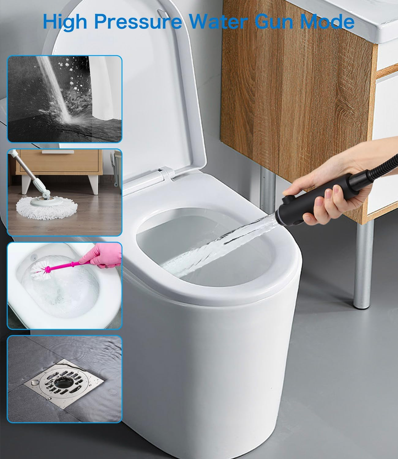 Eine weiße Toilette wird mit Wasser aus einer schwarzen Düse besprüht. Insets zeigen Reinigungswerkzeuge und Wasserspray auf verschiedenen Oberflächen.