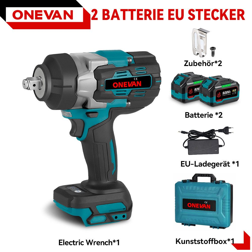 Ein Elektroschrauber, Batterien, ein Ladegerät und ein Koffer sind abgebildet. Der Schrauber ist blaugrün und schwarz. Text: ONEVAN und 2 BATTERIE EU STECKER.