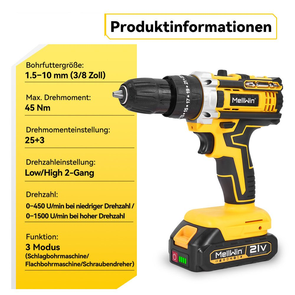 Gelb-schwarze Mellwin 21V Bohrmaschine. Details umfassen Bohrergröße, Drehmoment, Geschwindigkeit und Funktionsoptionen auf gelber Tafel.