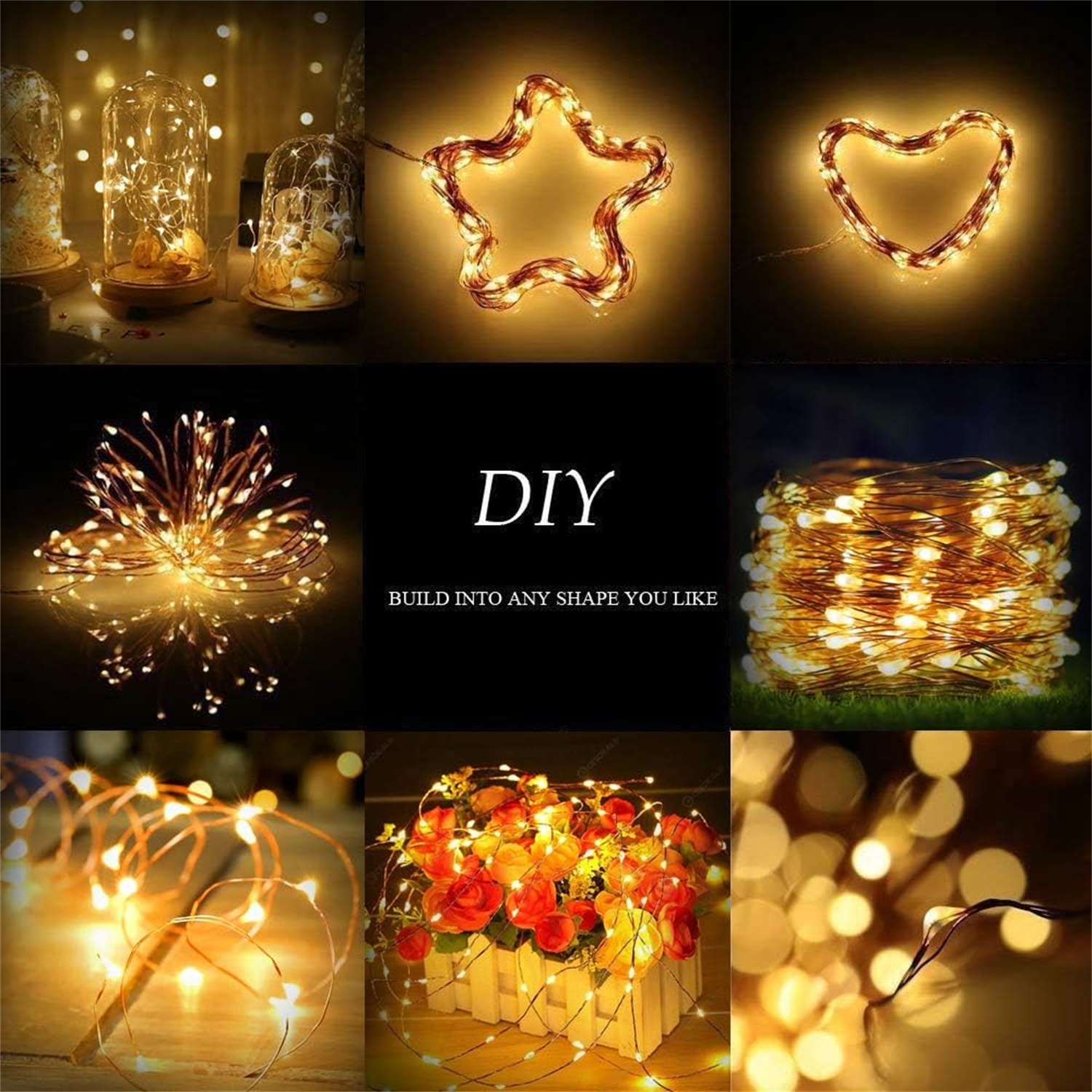 Eine Collage von Lichterketten in verschiedenen Formen wie Stern und Herz. Auch Lichter in Gläsern, ein Blumenarrangement und ein Bündel.