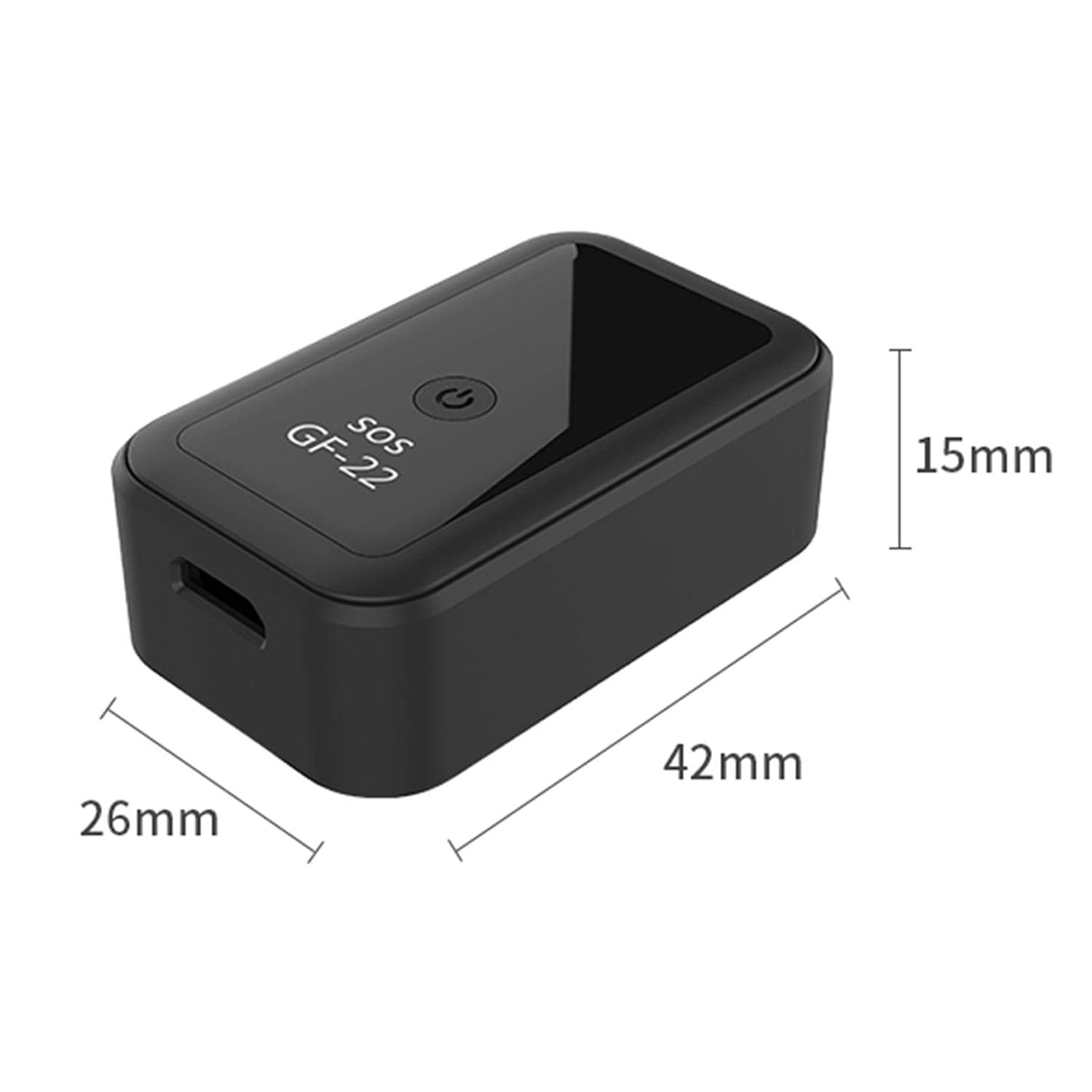 Ein schwarzer rechteckiger GF-22 GPS-Tracker mit beschrifteten Abmessungen. Oben befinden sich ein Power-Button und SOS-Text. Maße: 42x26x15 mm.