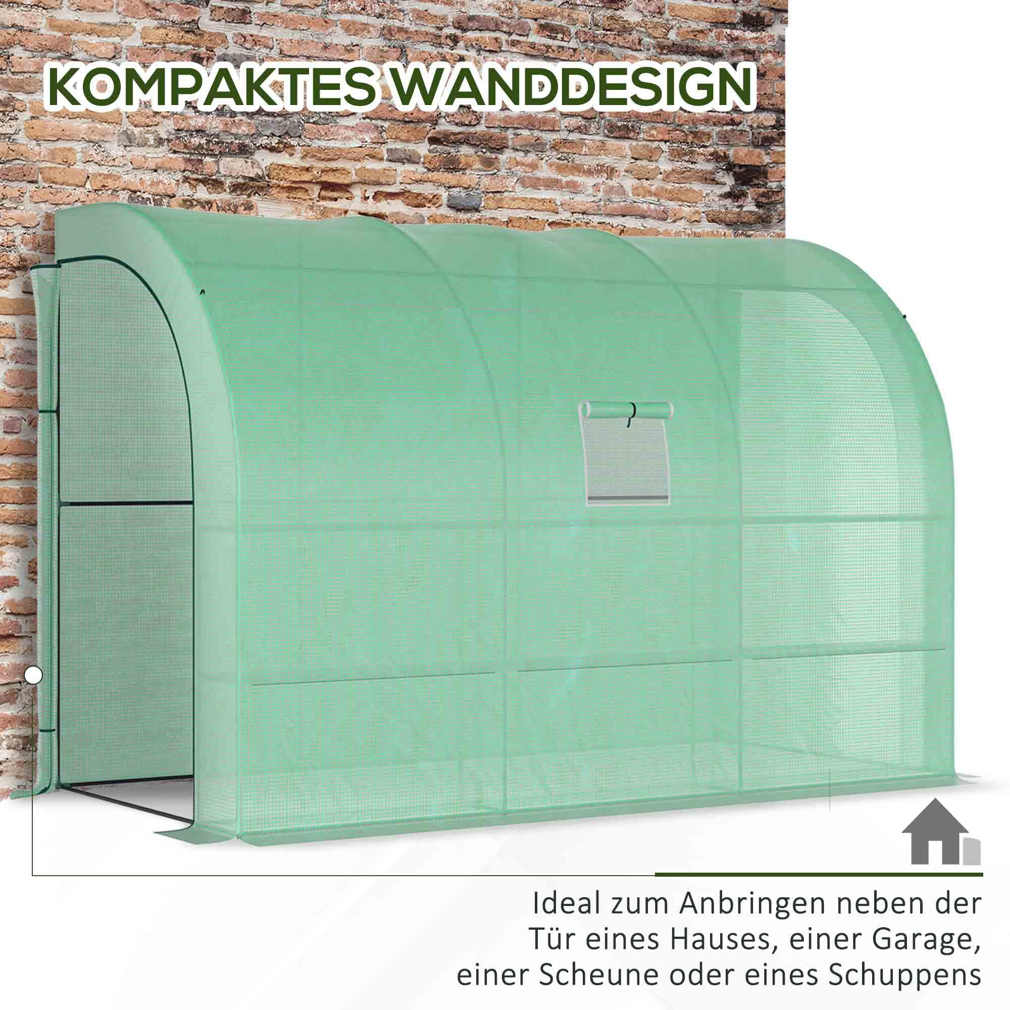 Grünes, gewölbtes Gewächshaus vor Backsteinmauer. Text oben: 'Kompaktes Wanddesign'.
