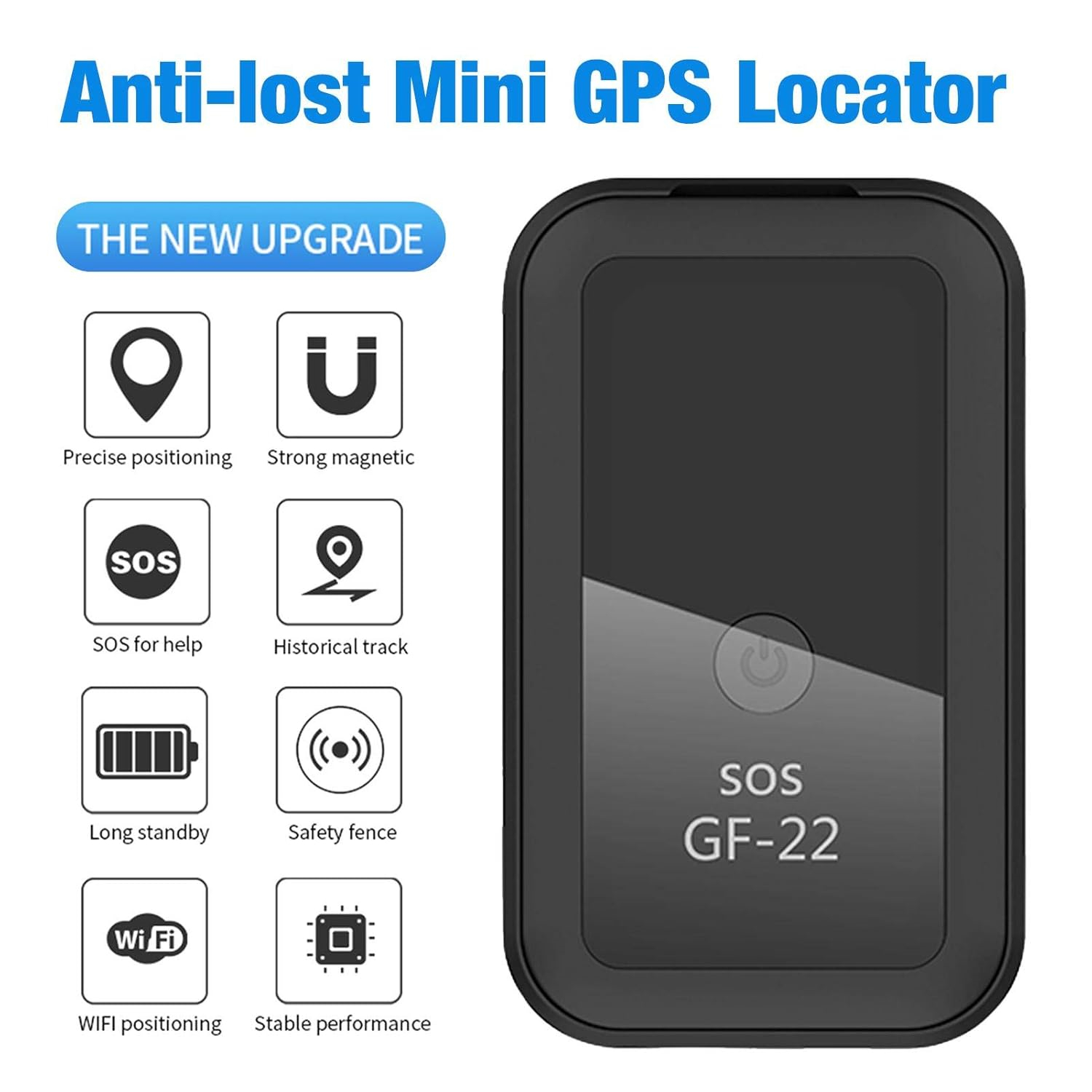 Ein schwarzer GPS-Locator mit Symbolen für Ortung, SOS, Akku und WLAN. Text: 'Anti-Lost Mini GPS Locator' und 'GF-22'.