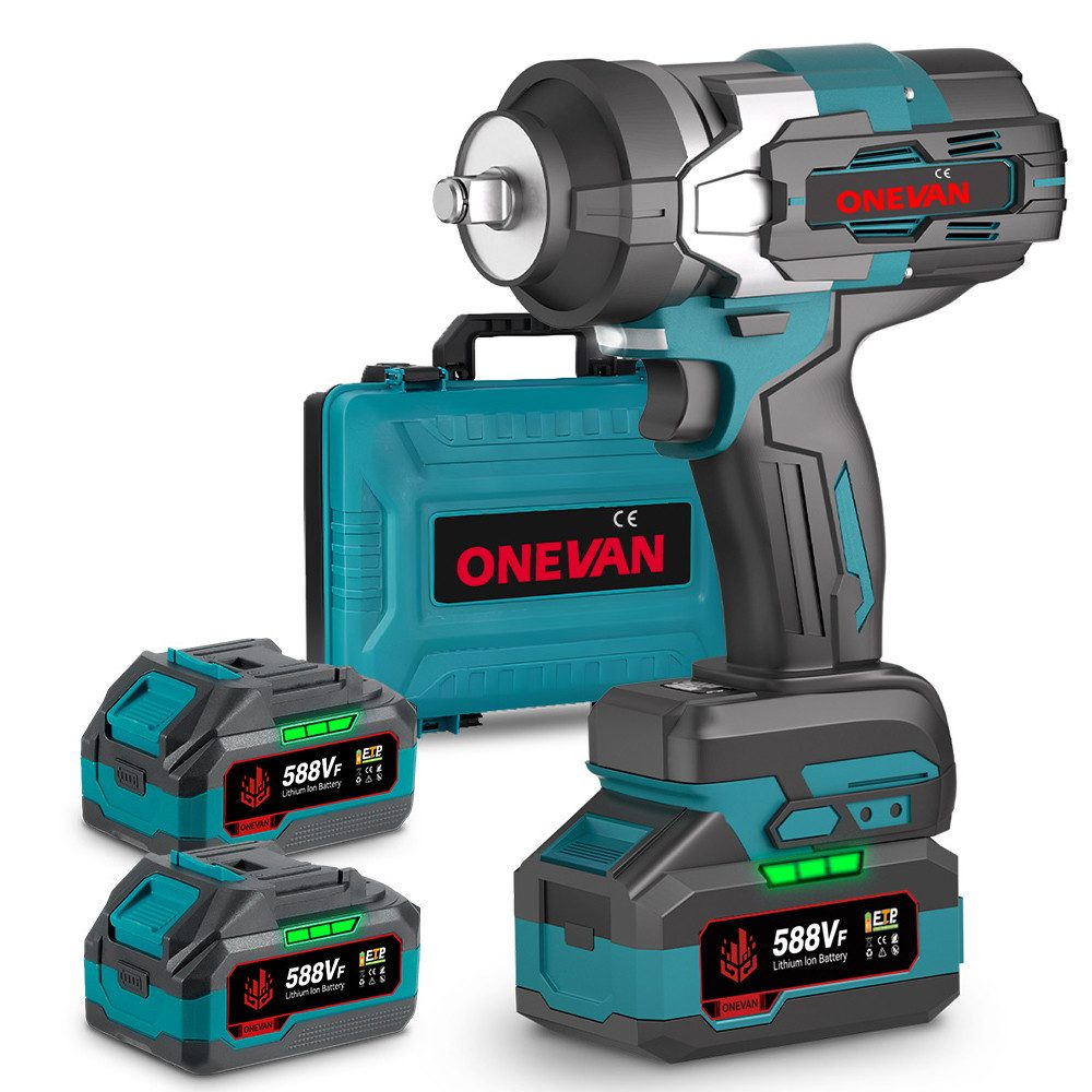 Ein teal-farbener und schwarzer ONEVAN-Schlagschrauber, zwei Akkus und ein Koffer. Alle mit 'ONEVAN' und '588VF Lithium-Ionen-Akku' beschriftet.