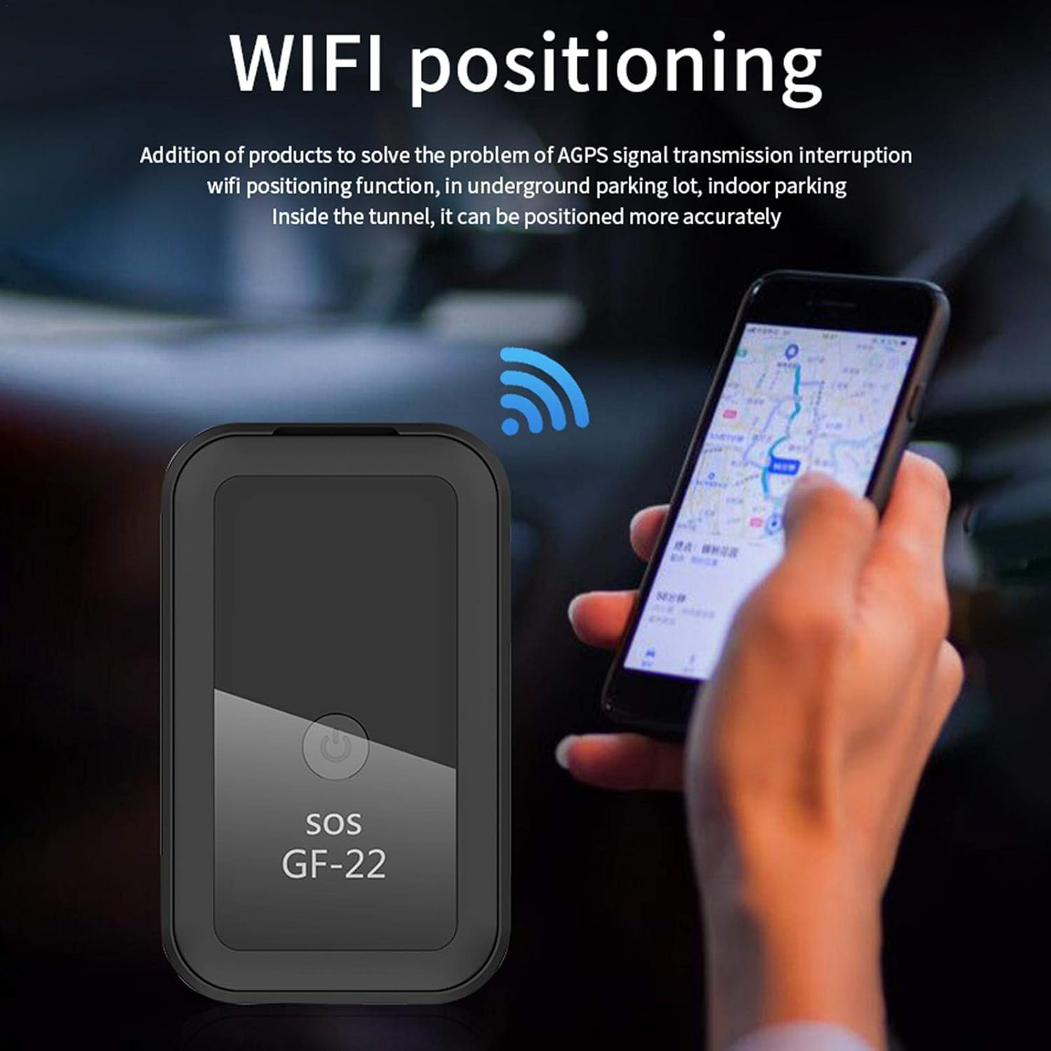 Ein schwarzes Ortungsgerät mit der Aufschrift SOS GF-22 liegt neben einem Smartphone mit einer Karte. Ein WLAN-Symbol ist sichtbar. Der Text erklärt die Ortung.