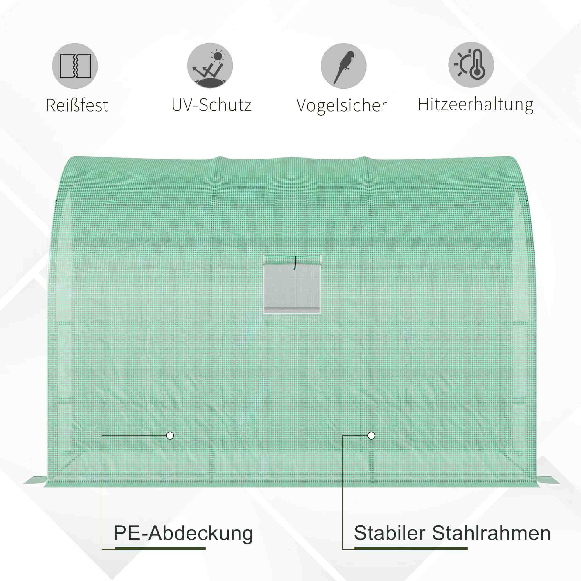 Grünes Gewächshaus mit Etiketten für Eigenschaften: reißfest, UV-Schutz, vogelsicher, Wärmespeicherung, PE-Abdeckung, Stahlrahmen.