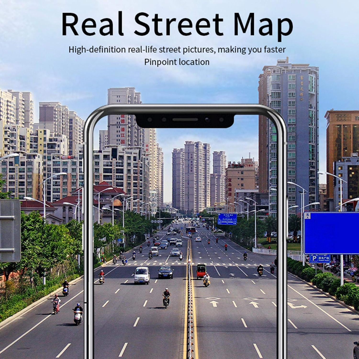 Ein Smartphone zeigt eine Stadtstraße mit Gebäuden, Autos und Motorrädern unter blauem Himmel. Text: Real Street Map.