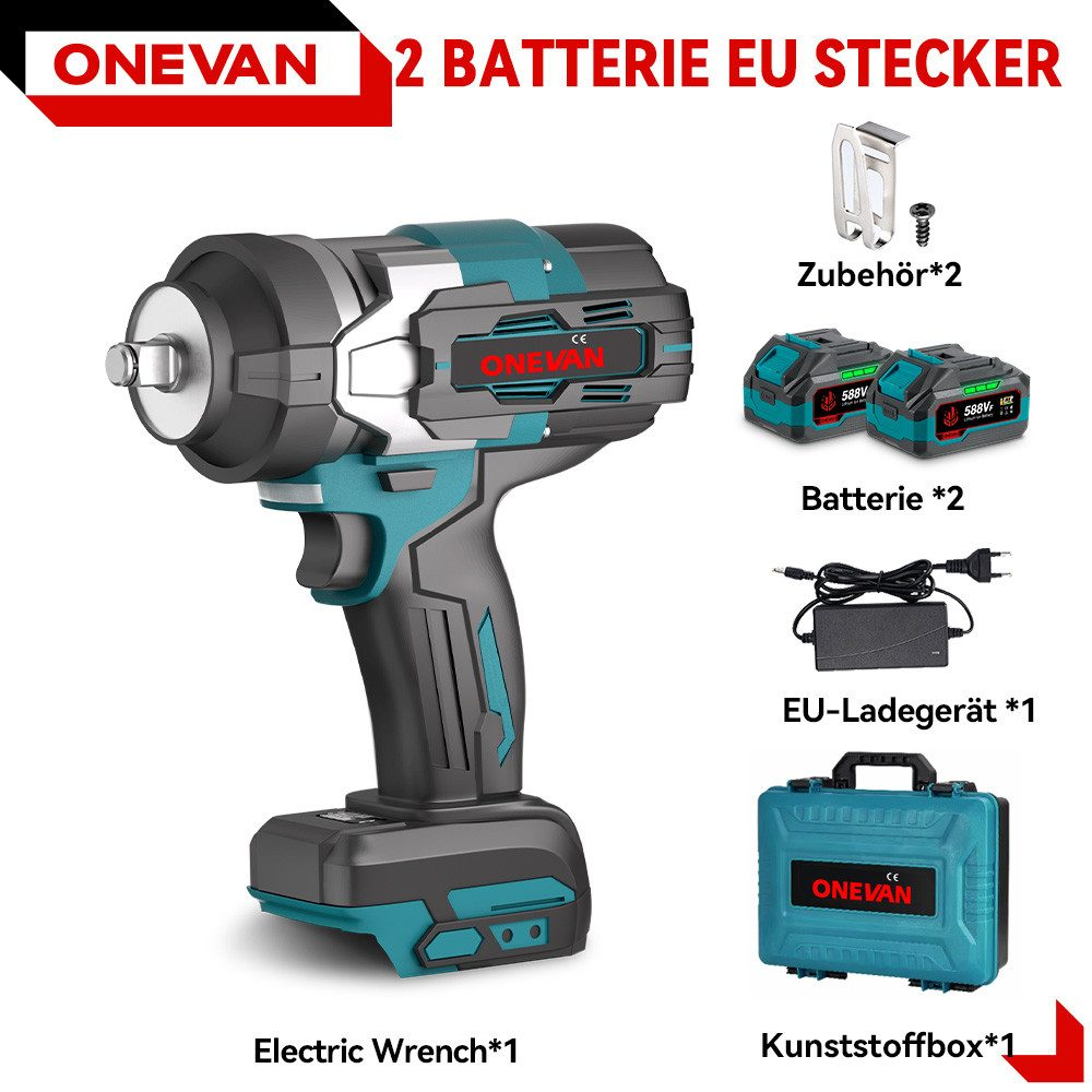 Ein elektrisches Schraubenschlüssel-Set mit Batterien, Ladegerät und Koffer. Der Schraubenschlüssel ist schwarz und türkis. Das Set ist mit 'ONEVAN' beschriftet.