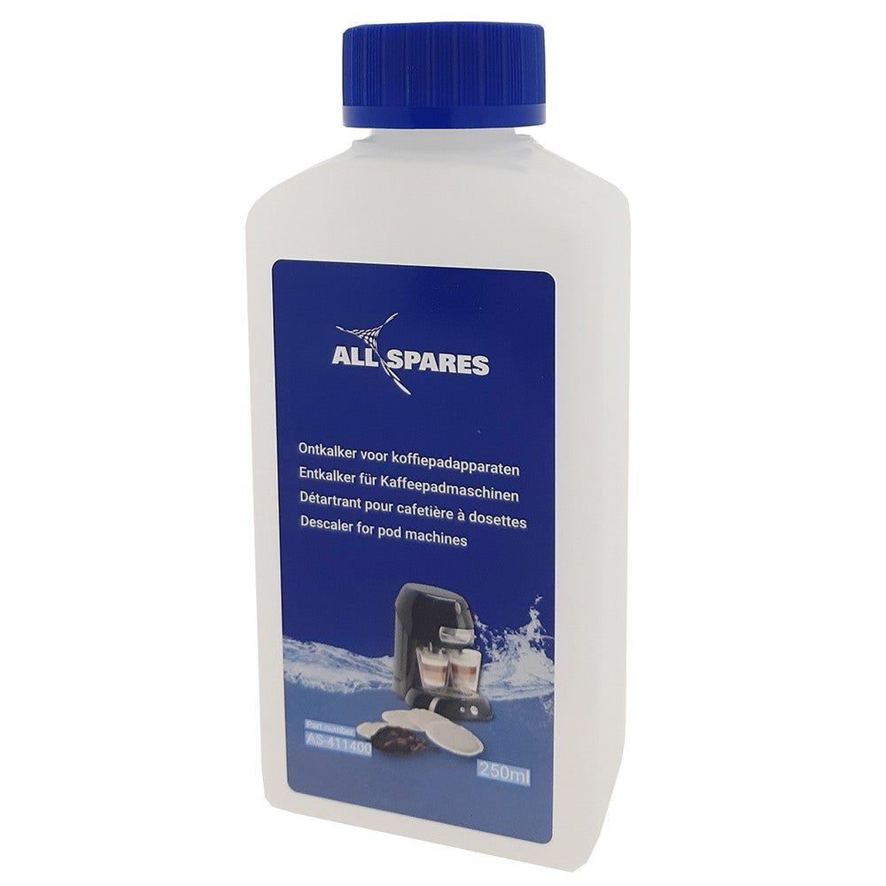 Weiße Flasche mit blauem Deckel und Etikett. Auf dem Etikett steht 'ALL SPARES' und 'Descaler for pod machines'. 250ml.