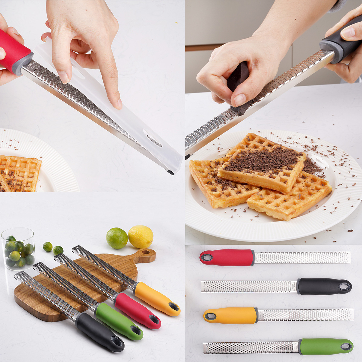 Hände, die Schokolade über Waffeln raspeln, Reibe mit unterschiedlich farbigen Griffen, Zitronen, Limetten und Reiben auf einem Holzbrett.