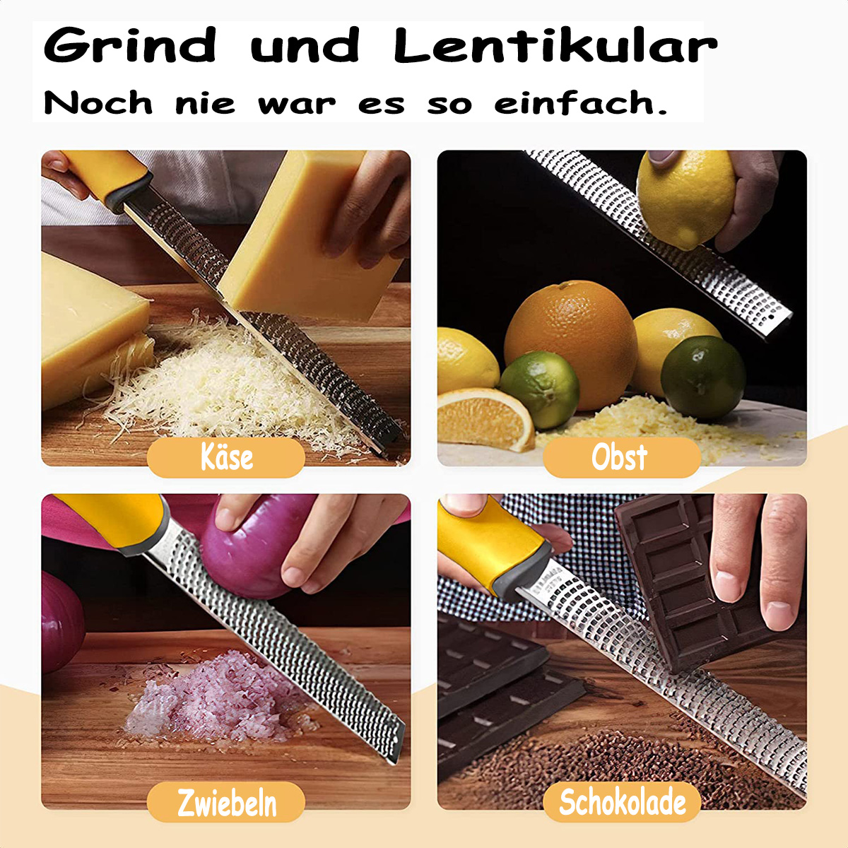 Das Bild zeigt Käse, Obst, Zwiebeln und Schokolade, die mit einem gelbgriffigen Reibeisen auf Holzoberflächen gerieben werden.