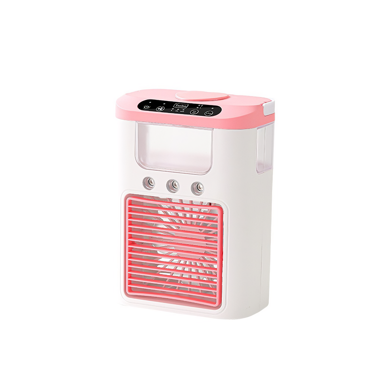 Ein weißer und rosa tragbarer Luftkühler. Er hat ein Bedienfeld oben und einen roten Grill vorne.