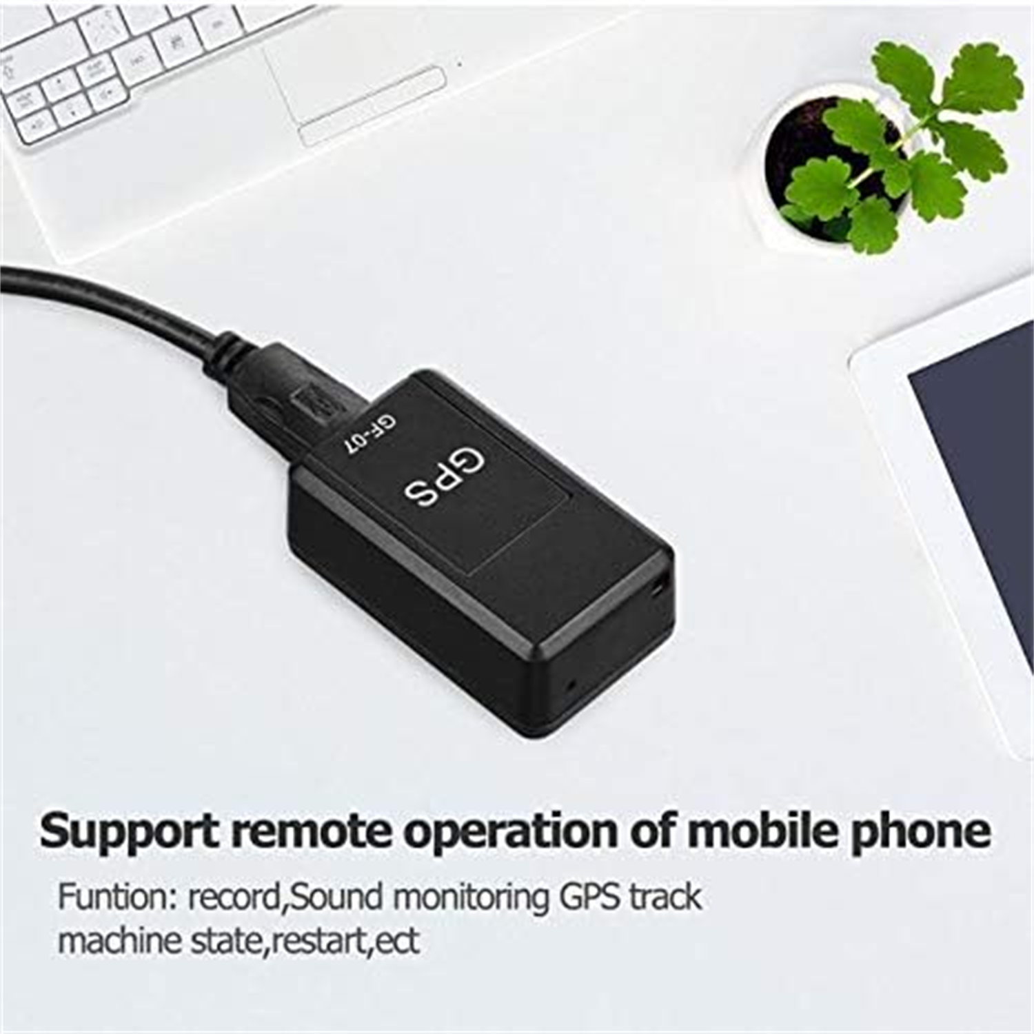 Schwarzer GPS-Tracker mit Kabel, GF-07-Etikett, auf weißer Oberfläche mit Laptop und Pflanze. Text: Unterstützung der Fernbedienung des Mobiltelefons.