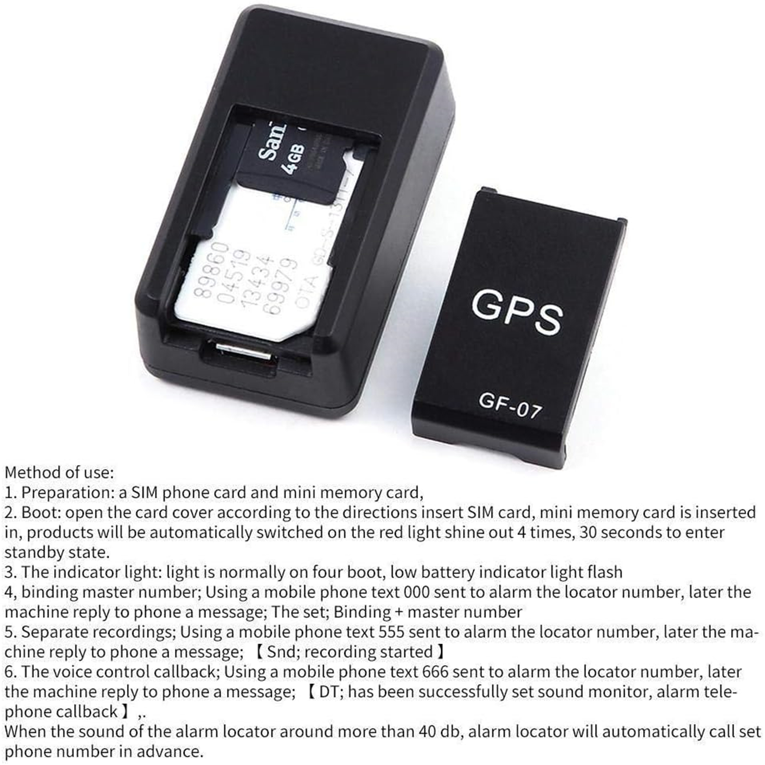 Schwarzer GPS-Tracker mit SIM-Karten-Slot, eingelegter SanDisk-Speicherkarte und separatem GPS-Modul.