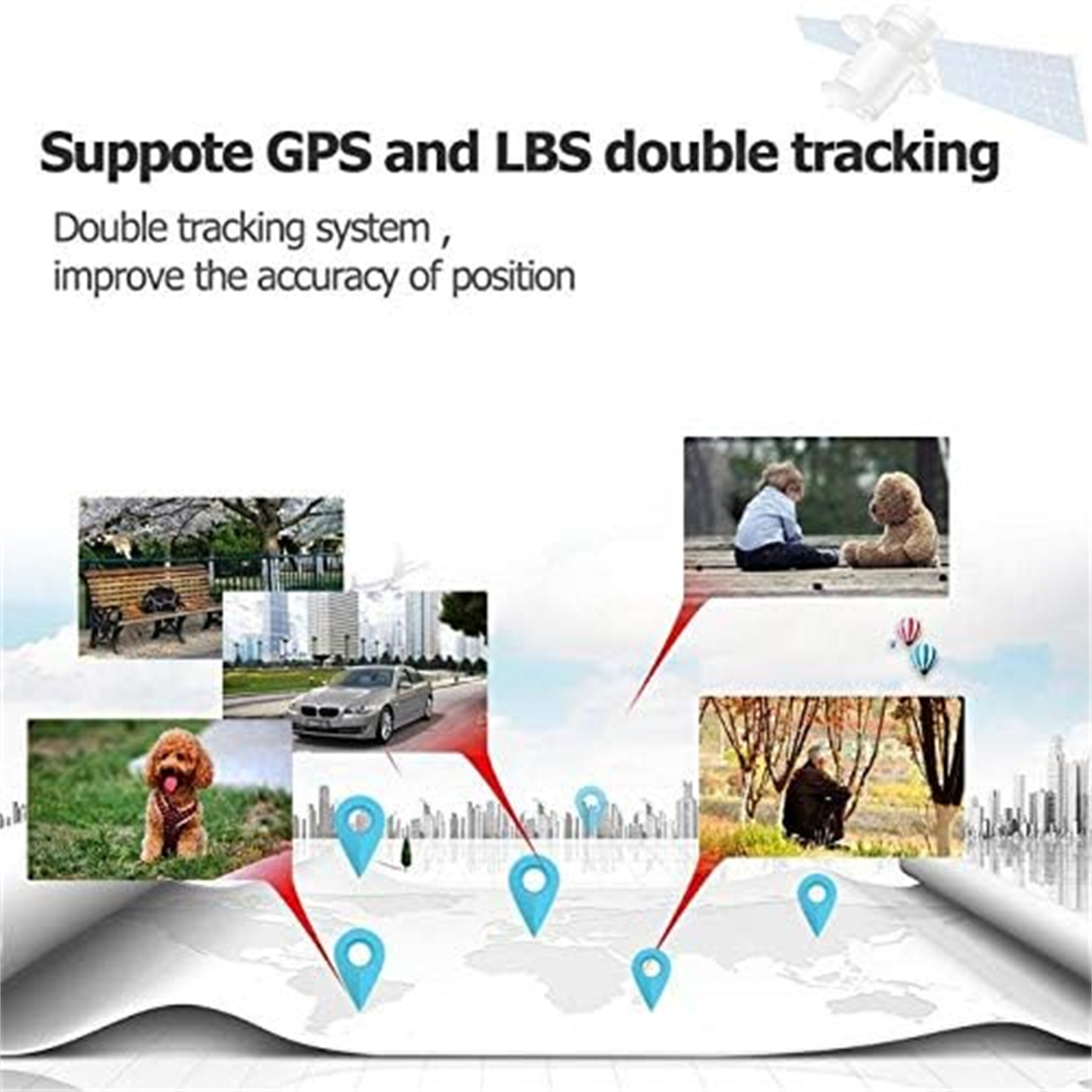Bild mit GPS- und LBS-Doppelverfolgung mit Bildern von Hund, Kind, Auto, Bank und Kartenmarkierungen.