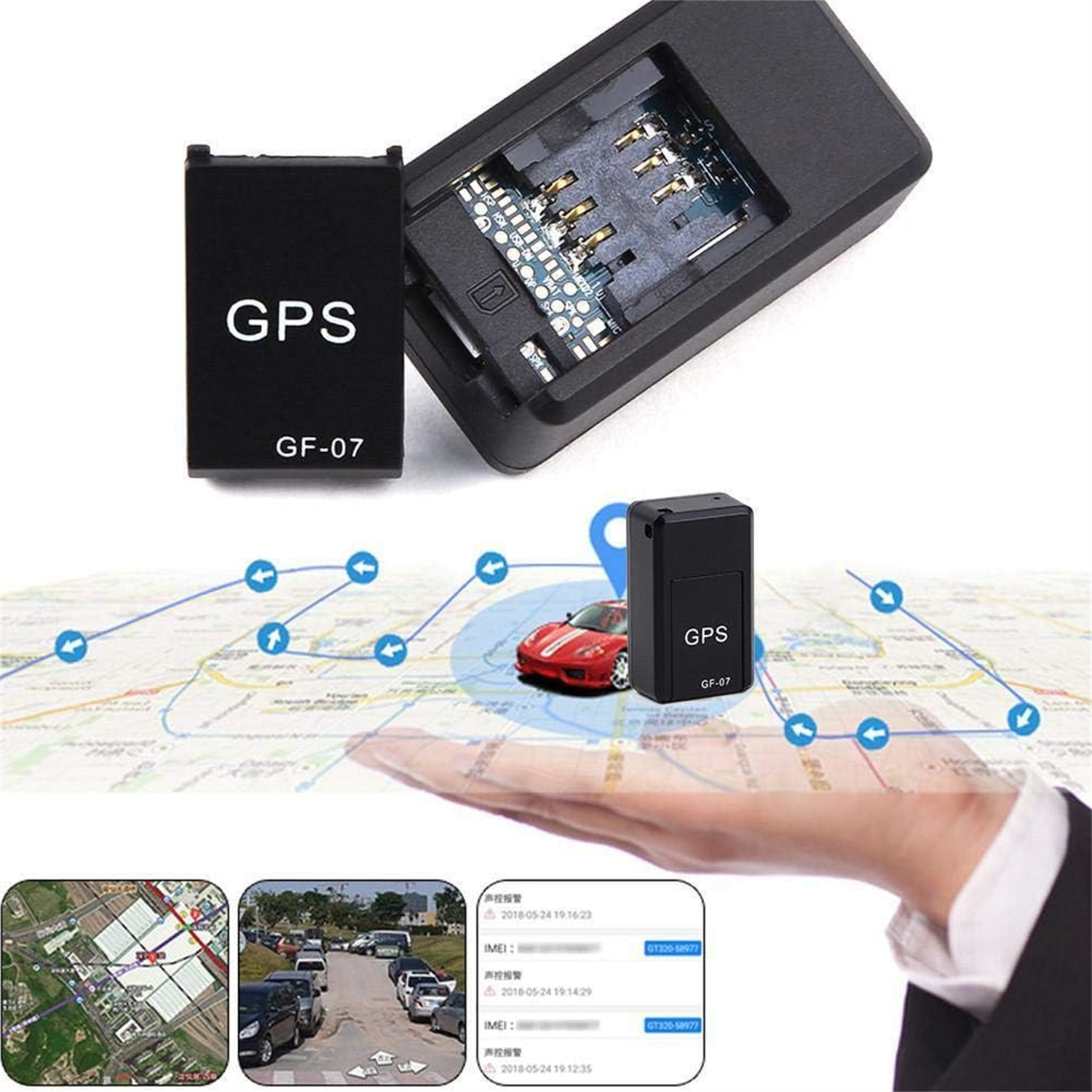 Schwarzer GPS-Tracker GF-07 mit rotem Auto auf einer Karte, gehalten in einer Hand. Enthält Screenshots von Karten und Textnachrichten.