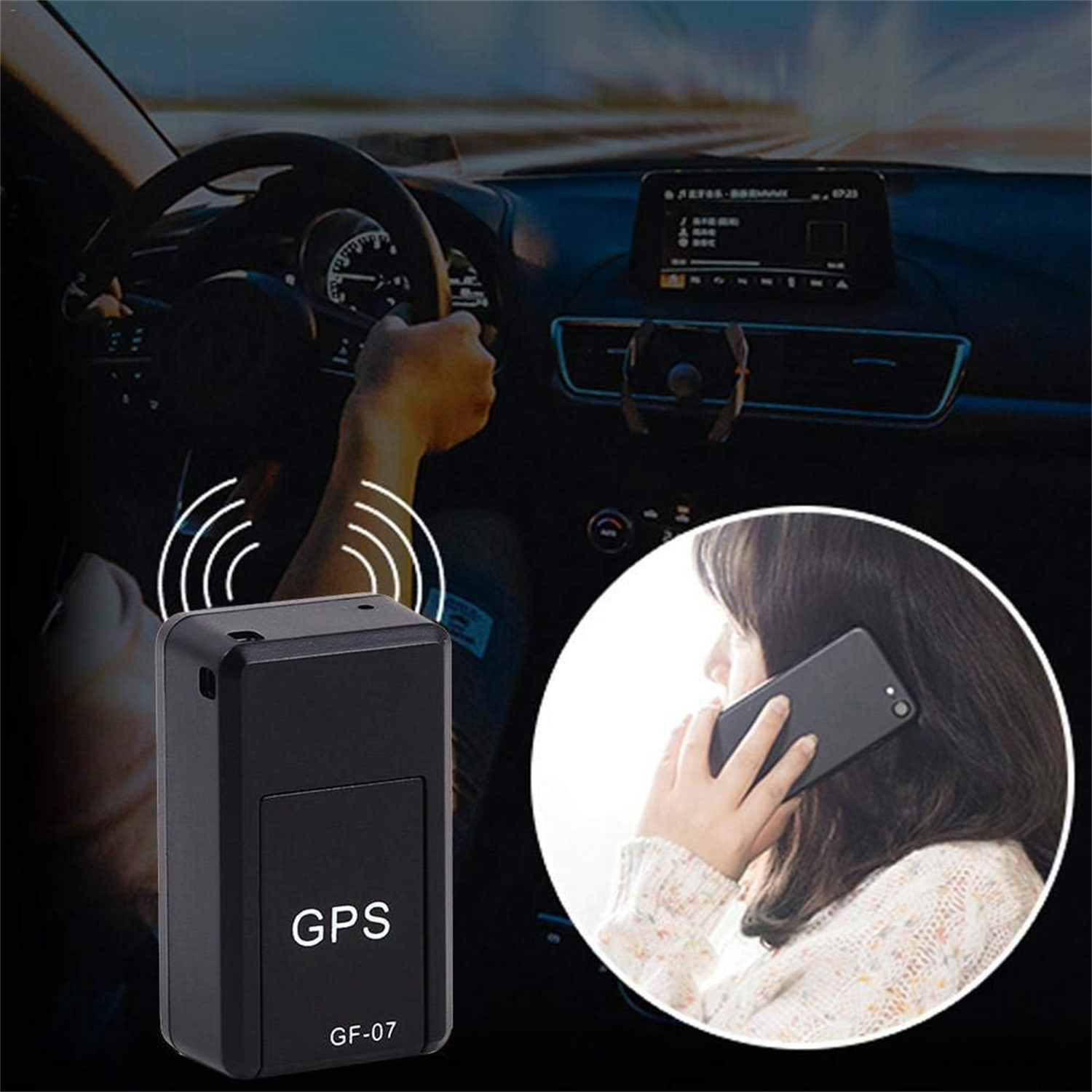 Ein schwarzer GPS-Tracker, eine Frau am Telefon und eine Person, die ein Auto fährt. Drahtloses Signal um den Tracker herum.