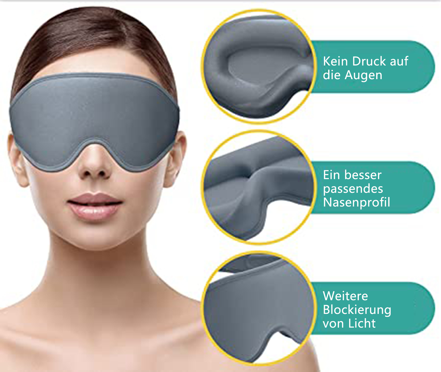 Eine Frau mit grauer Schlafmaske. Einsätze zeigen Details: Augenmuschelform, Nasenrücken und Lichtblockierung. Text auf Deutsch.