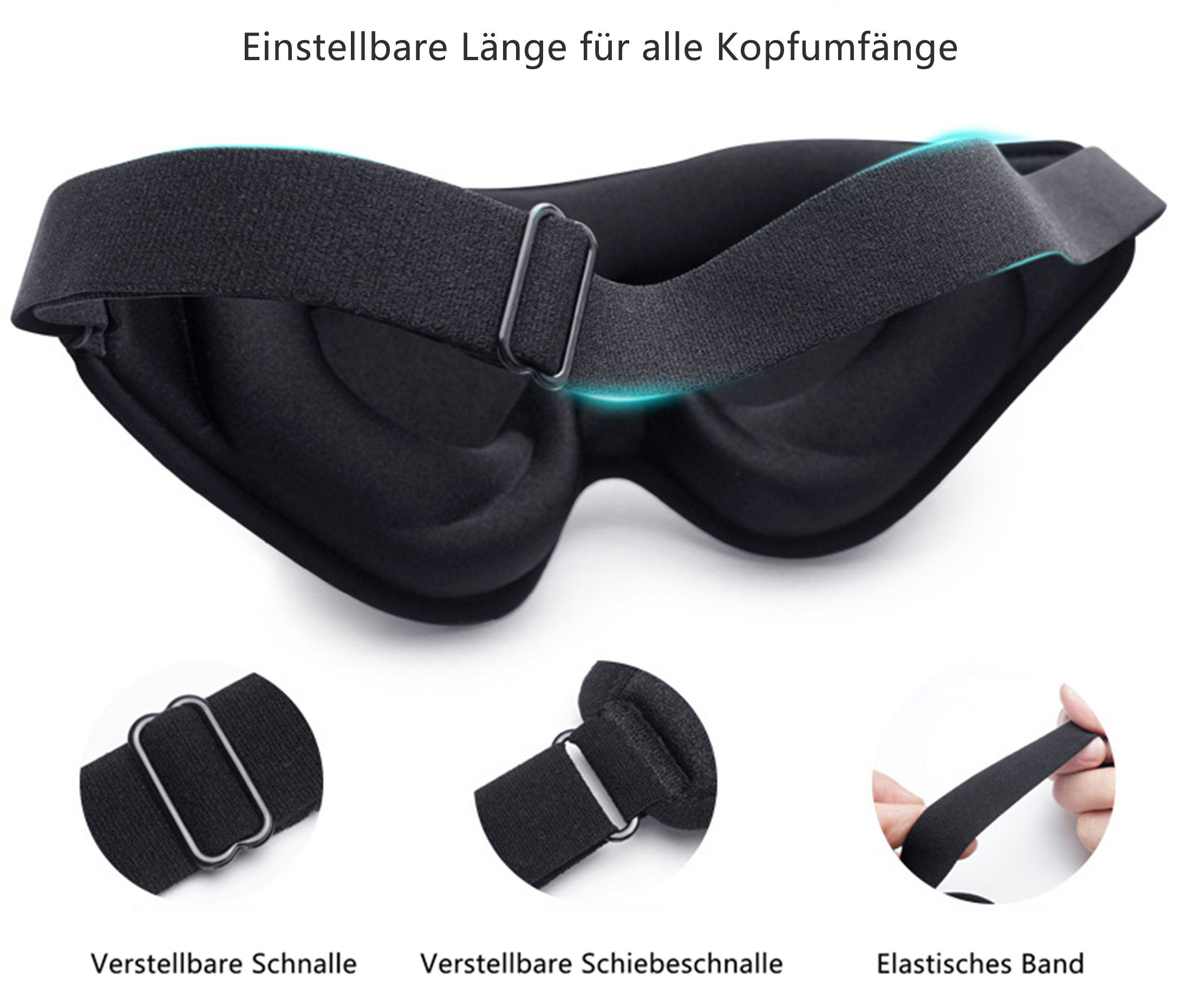 Eine schwarze Schlafmaske mit verstellbaren Riemen und Schnallen, die ihre Funktionen für Komfort und Passform zeigt.