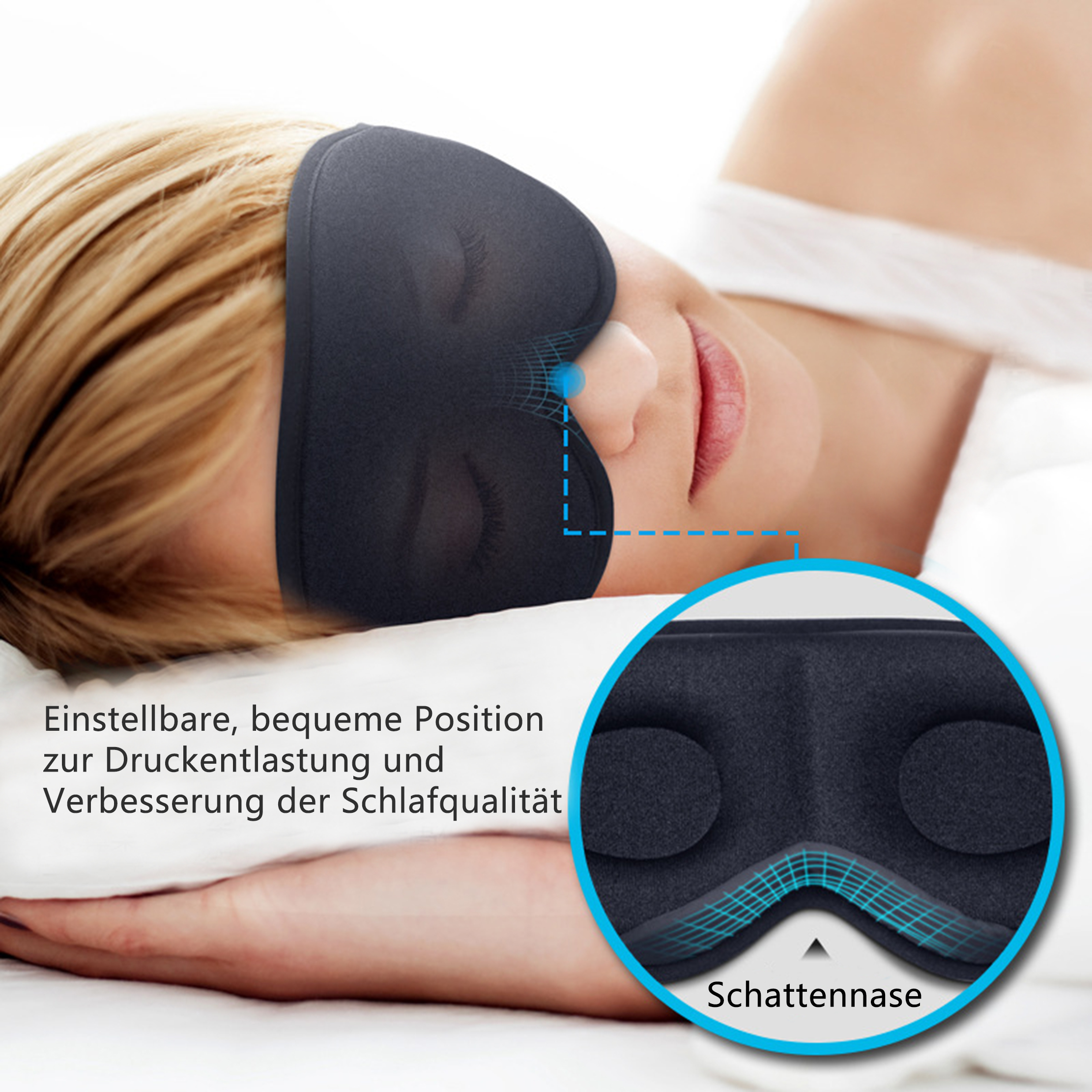 Eine Person mit schwarzer Augenmaske liegt im Bett. Eine Nahaufnahme zeigt das Maskendesign. Text auf Deutsch beschreibt die Funktion.