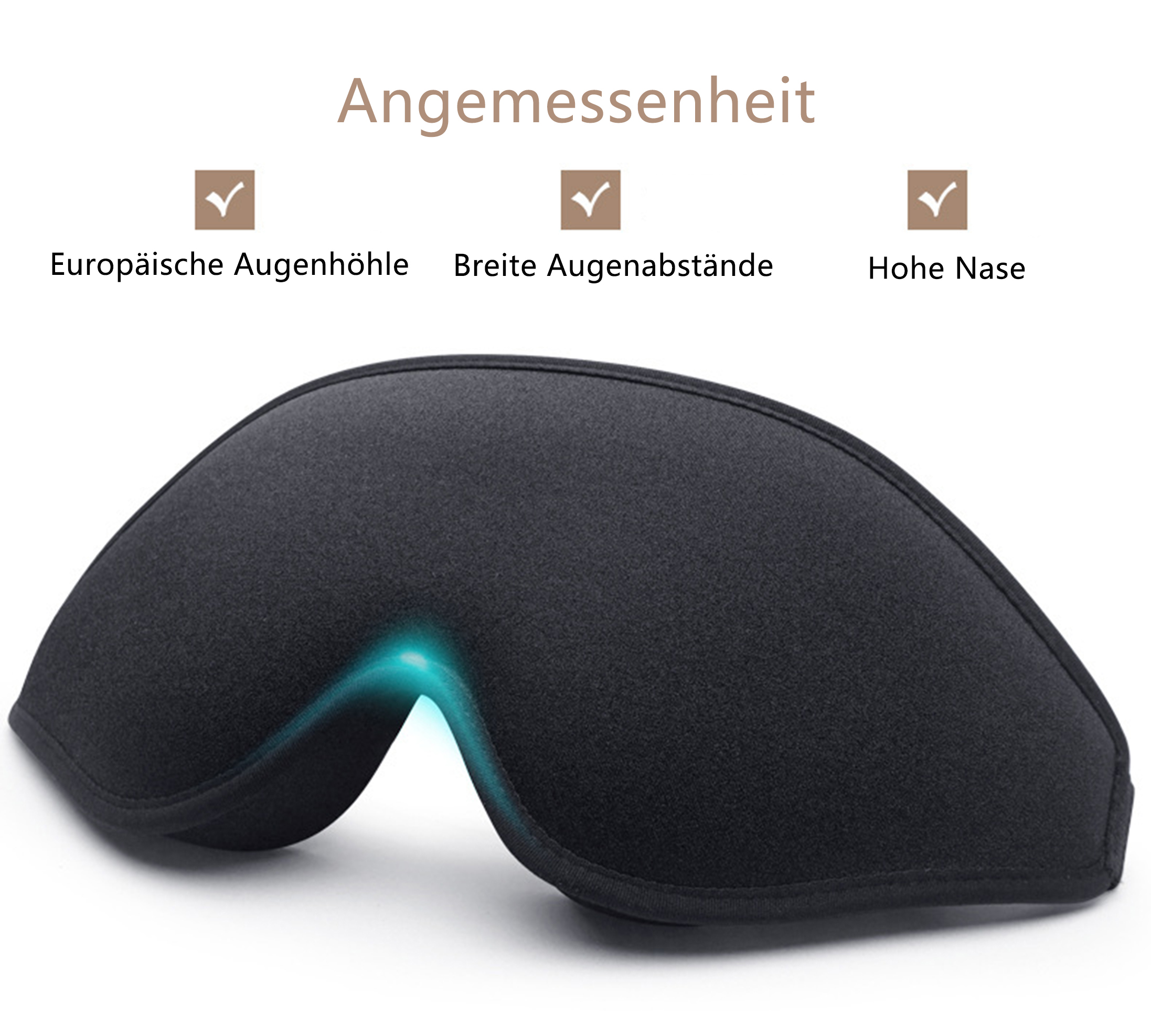 Eine schwarze Schlafmaske mit konturiertem Design. Der Text oben lautet 'Angemessenheit'. Die Maske hat eine gebogene Form.