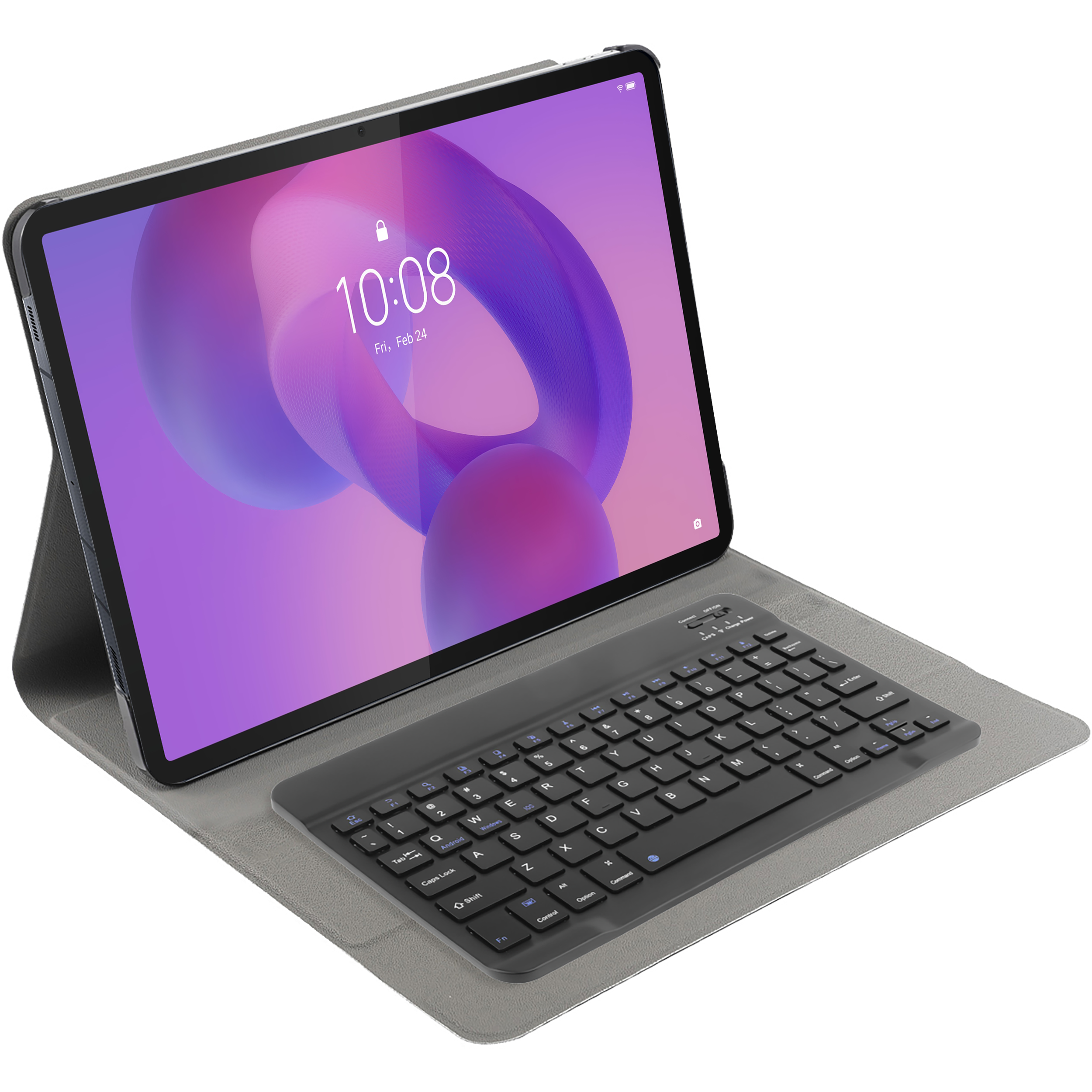 Tablet mit Tastatur, Bildschirm zeigt Uhrzeit und Datum. Das Tablet liegt auf einem grauen Etui, Tastatur darunter.