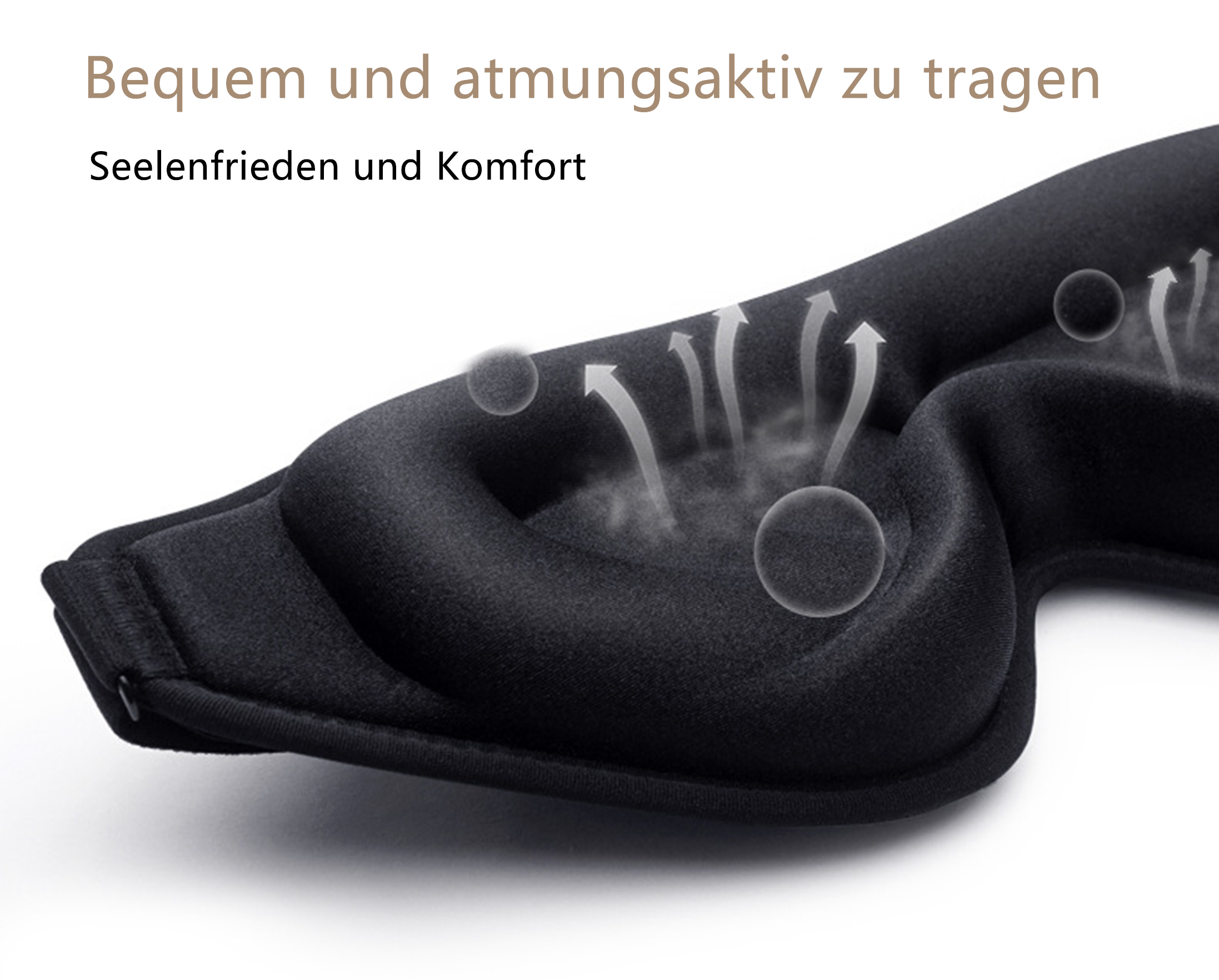 Eine schwarze Schlafmaske mit weißen Pfeilen, die die Atmungsaktivität anzeigen. Text oben: 'Bequem und atmungsaktiv zu tragen'.