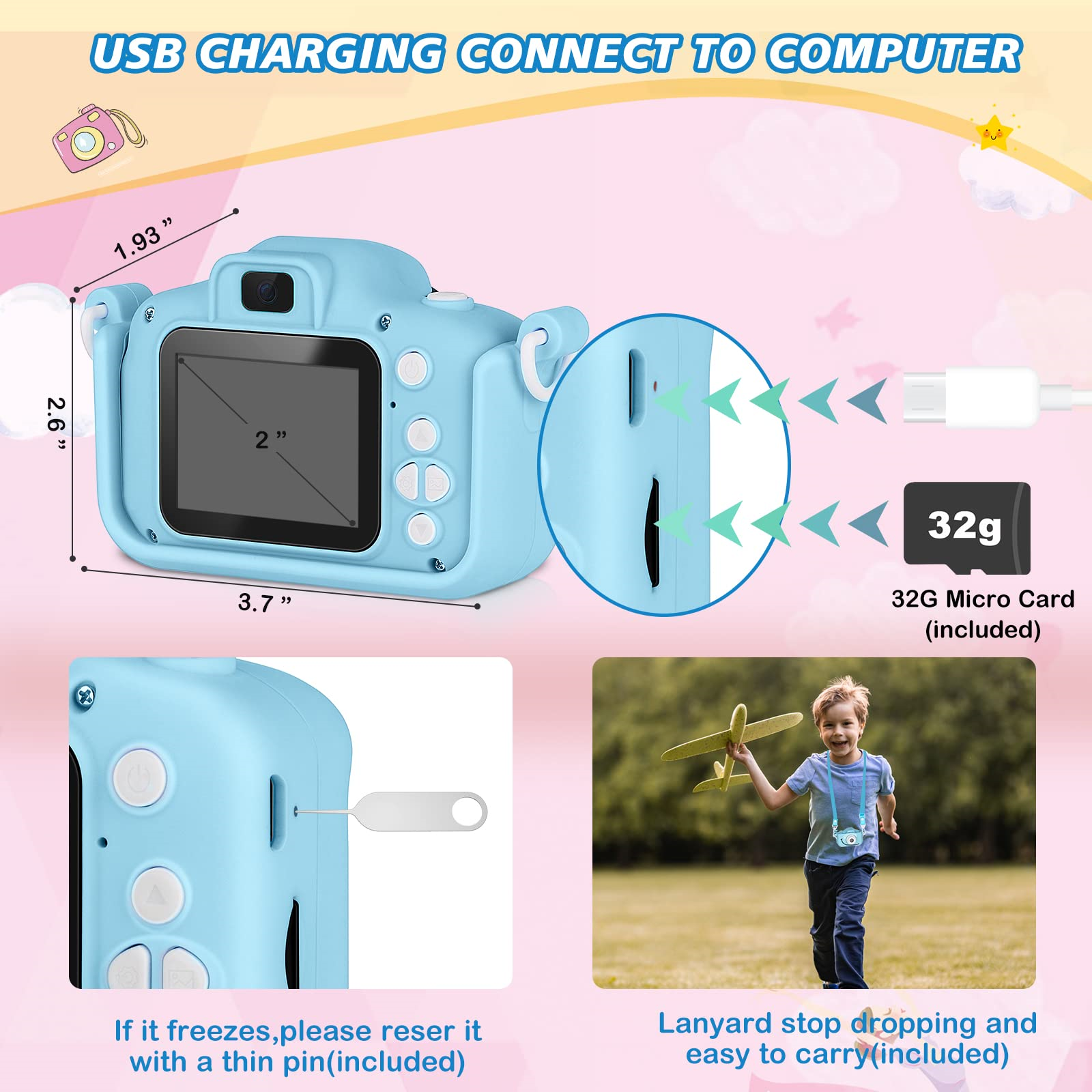Blaue Kinderkamera mit Maßangaben. Enthält eine 32G Micro-Karte. Ein Kind hält ein Spielzeugflugzeug. Text: USB-Aufladung.
