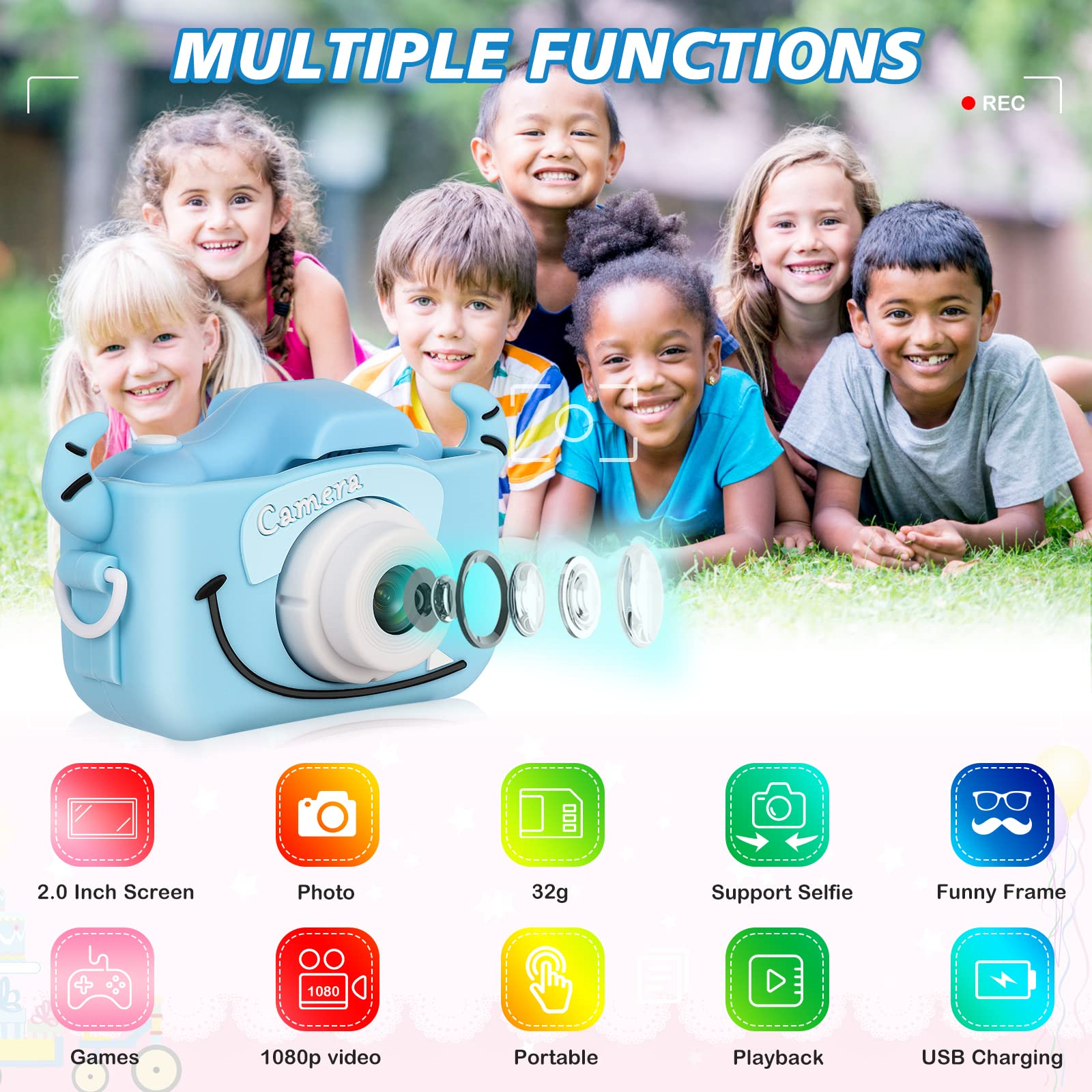 Eine blaue Kamera mit Linsen und lächelnden Kindern im Hintergrund. Symbole weisen auf Funktionen wie Video, Spiele und Selfies hin.