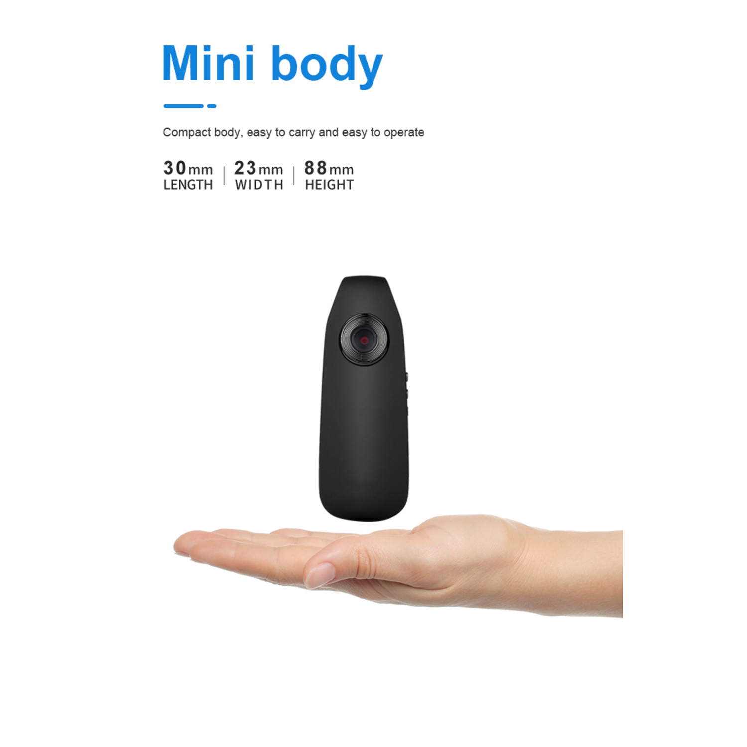 Eine schwarze Minikamera wird in einer Hand gehalten. Abmessungen: 30 mm Länge, 23 mm Breite und 88 mm Höhe. Text: Mini-Körper.