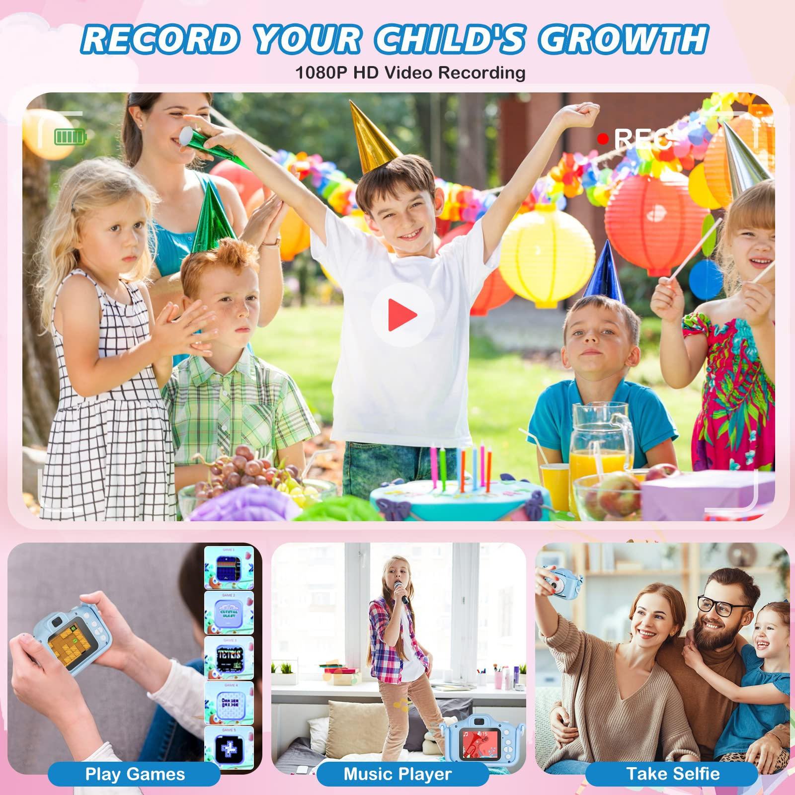 Kinder feiern und filmen. Funktionen: Spiele spielen, Musikplayer und Selfie-Optionen auf der Kamera.