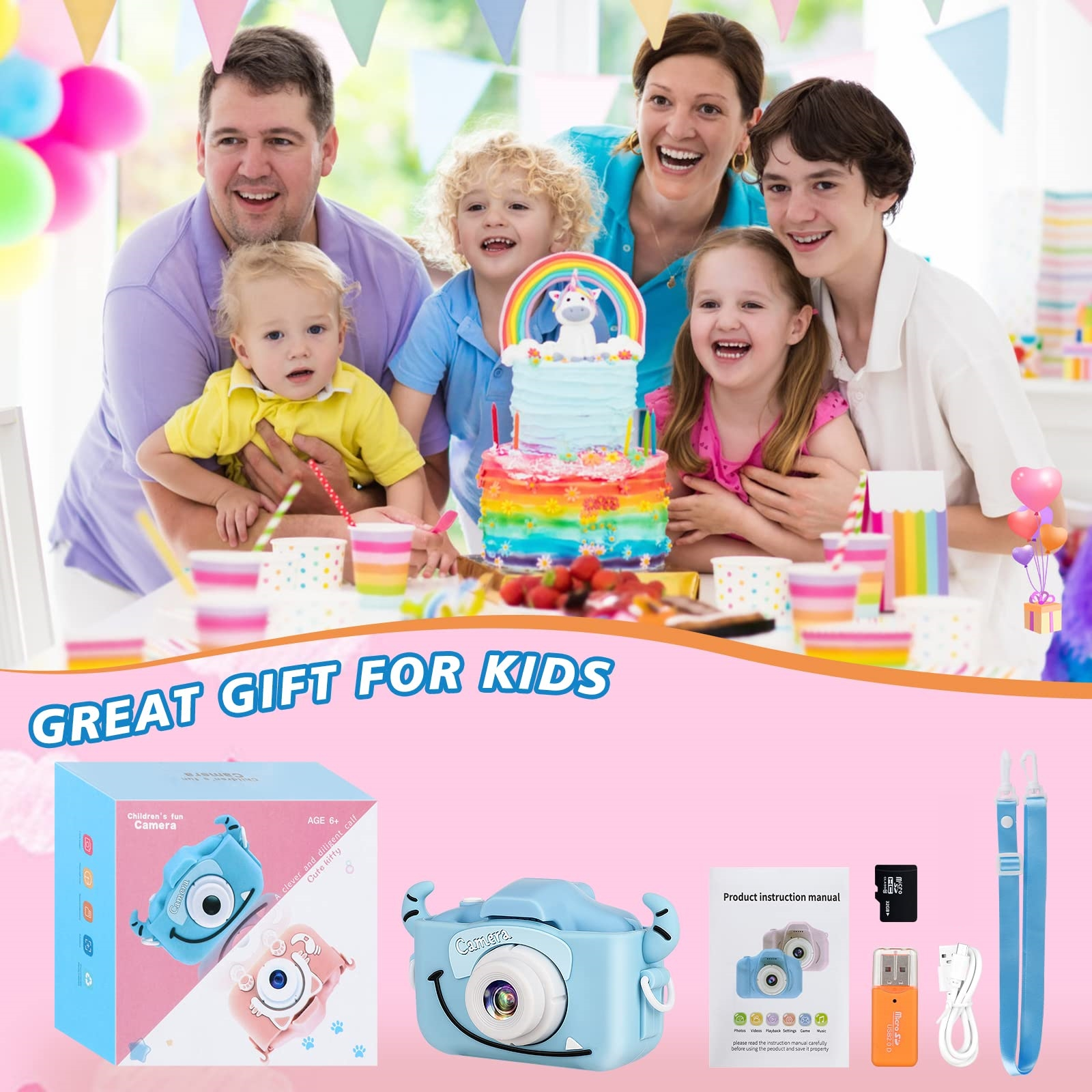 Eine Familie feiert mit Kuchen, eine Kamerabox im Vordergrund, ein Banner mit der Aufschrift 'GREAT GIFT FOR KIDS'.