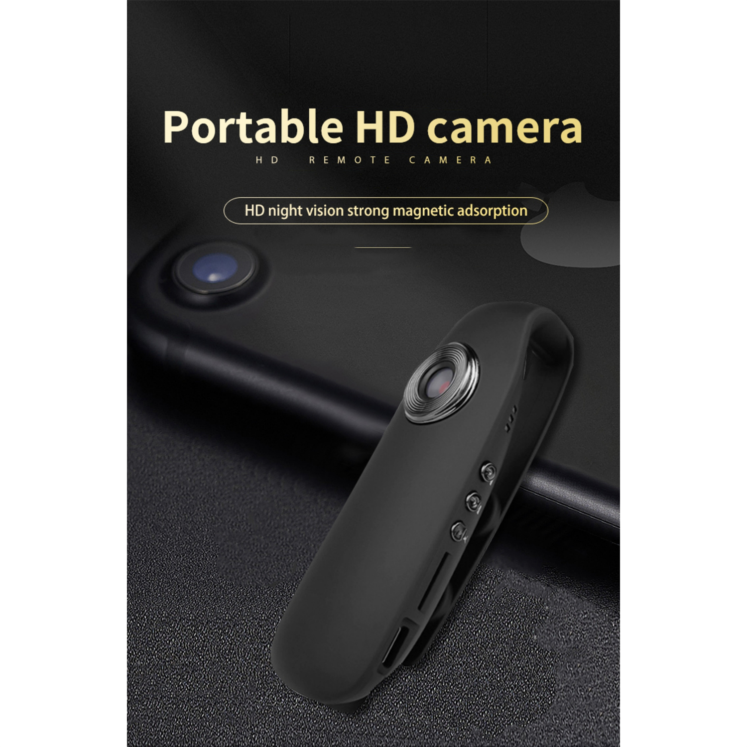 Eine schwarze tragbare HD-Kamera mit roter Linse, an einer dunklen Oberfläche befestigt, mit Text: Portable HD camera und HD night vision.