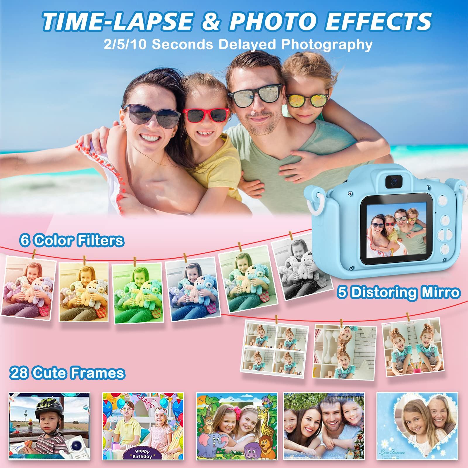 Das Bild zeigt eine Familie mit einer Kamera. Zu den Merkmalen gehören Farbfilter und Rahmen. Text lautet: Zeitraffer- und Fotoeffekte.