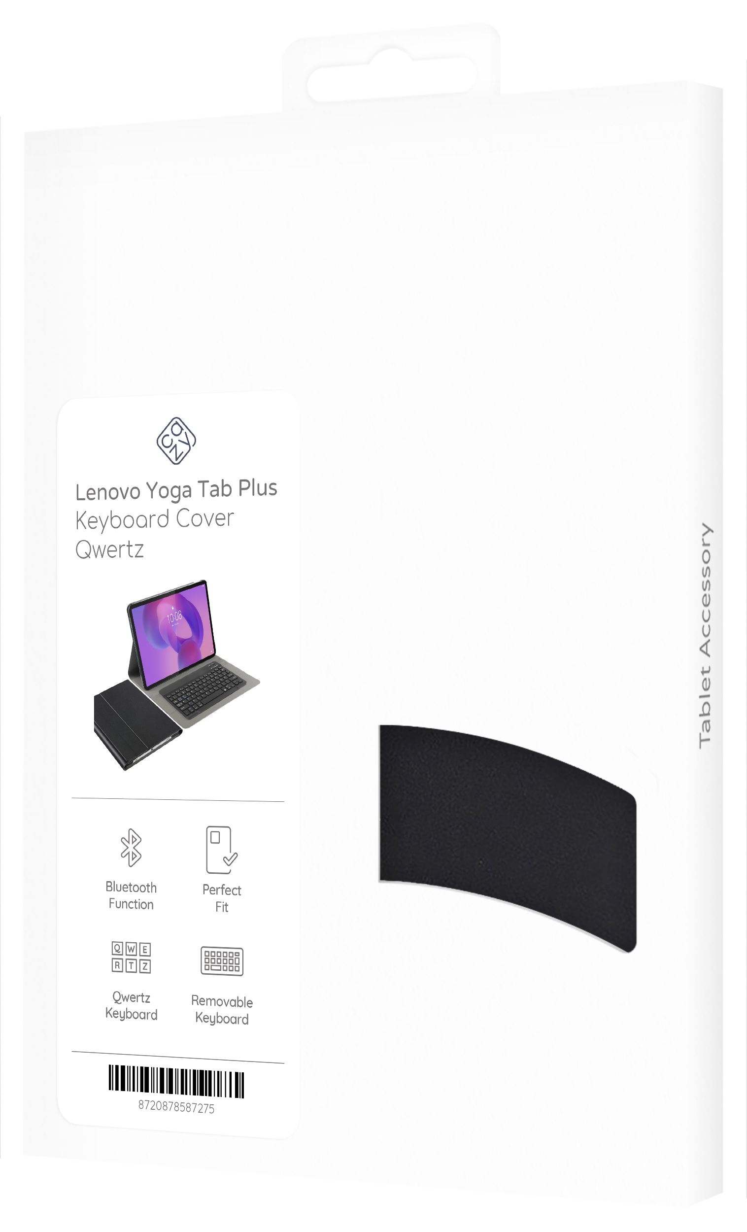 Produktverpackung für eine Lenovo Yoga Tab Plus Tastaturhülle. Zeigt ein Tablet mit Tastatur und Funktionen wie Bluetooth und Qwertz.