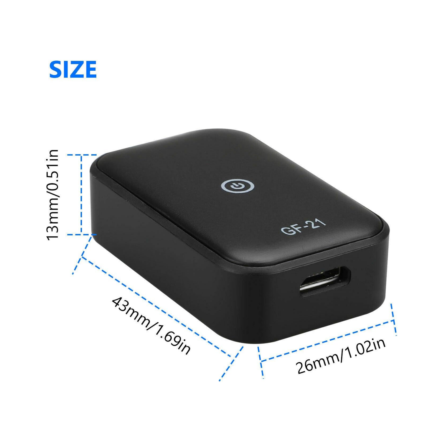 Schwarzer rechteckiger GPS-Tracker mit Größenangaben. Er hat ein Power-Button-Symbol und einen USB-Anschluss.