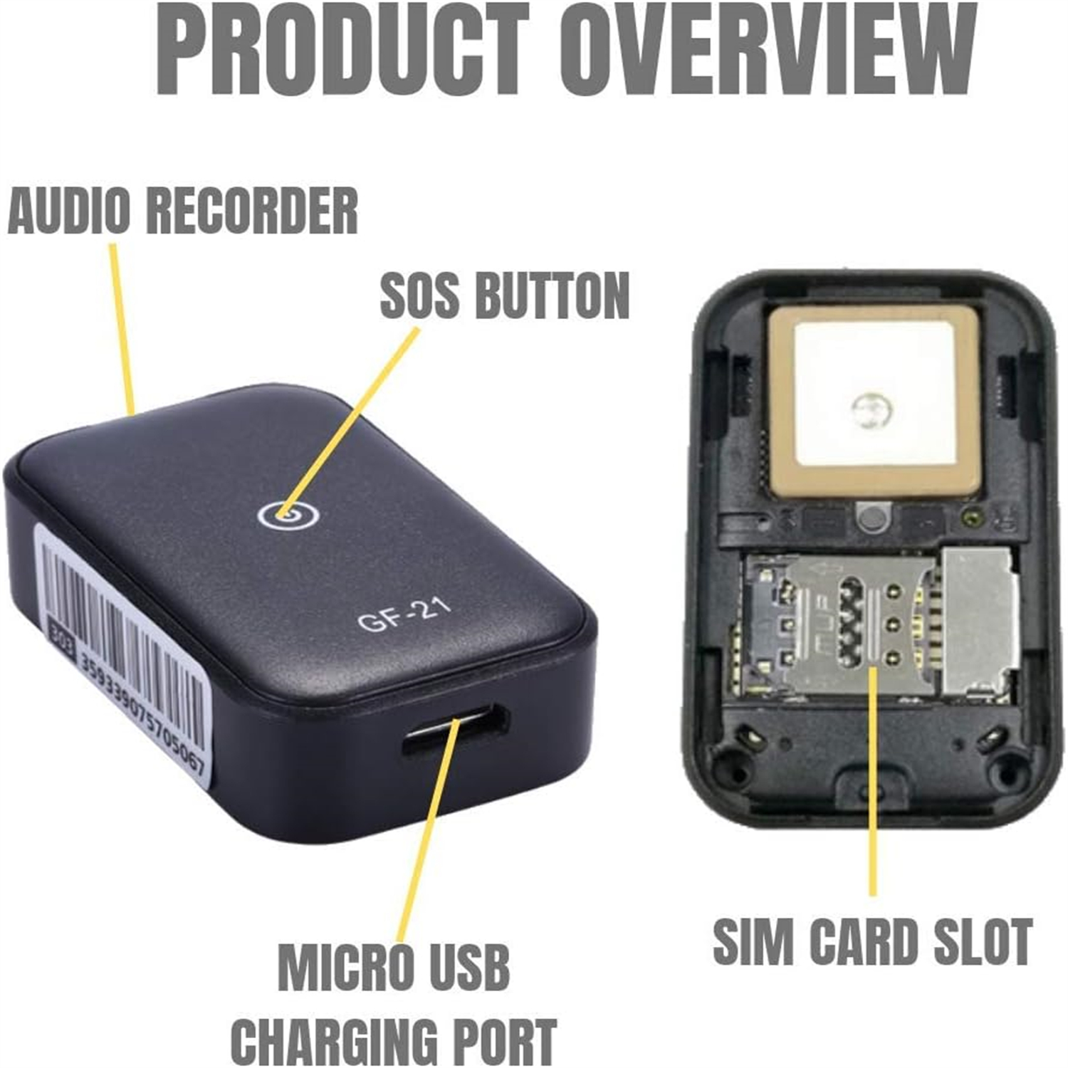 Produktübersicht eines schwarzen Ortungsgeräts. Merkmale sind Audio-Recorder, SOS-Taste, Micro-USB-Anschluss und SIM-Kartensteckplatz.
