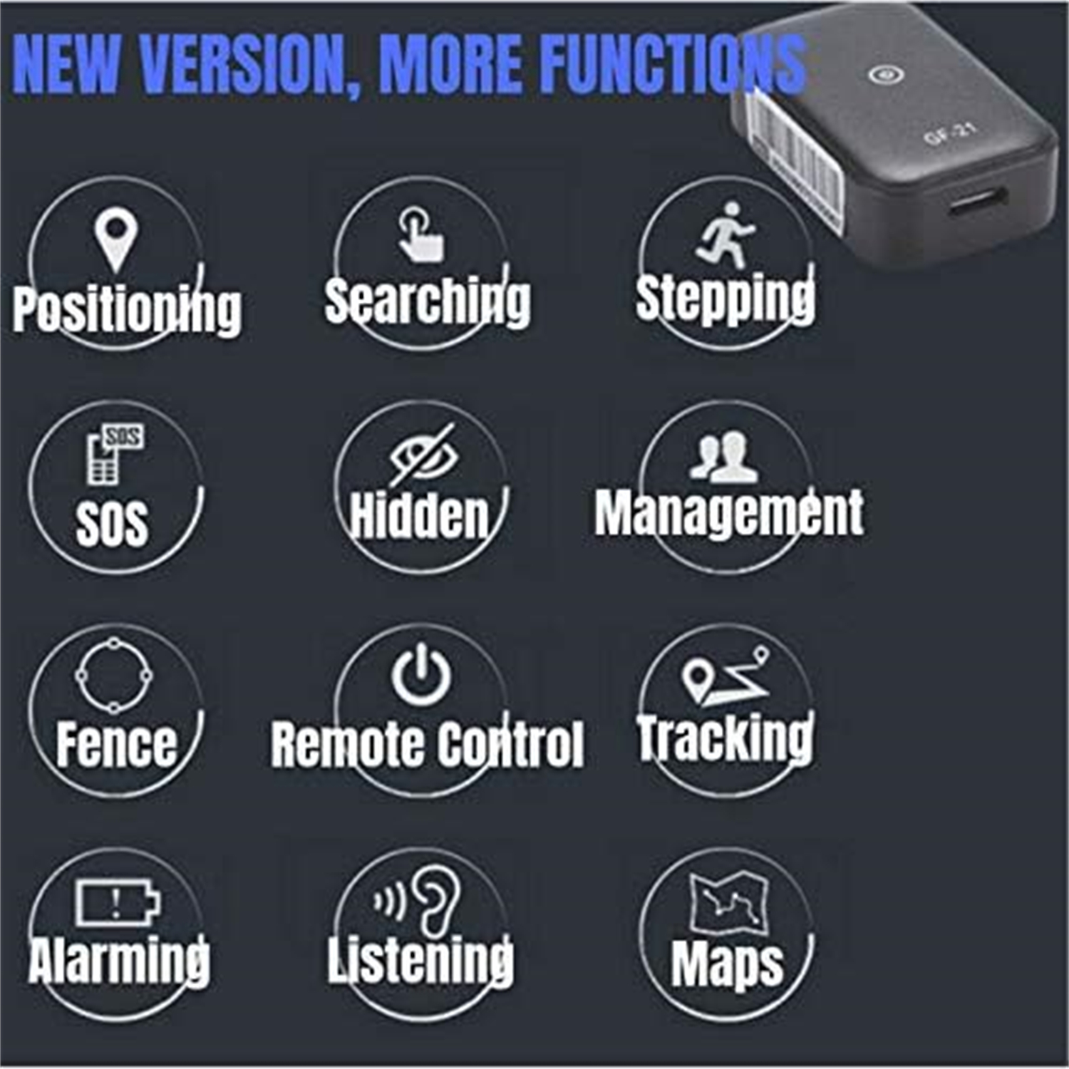 Das Bild zeigt Symbole, die Tracking-Funktionen darstellen, ein kleines schwarzes Tracking-Gerät und den Text: Neue Version, mehr Funktionen.