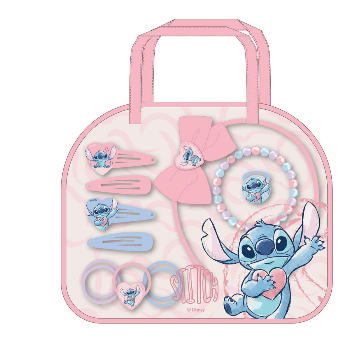 Rosa Tragetasche mit Stitch-Accessoires. Klammern, Haargummis, Armband und eine Schleife mit Stitch. Stitch hält ein Herz.