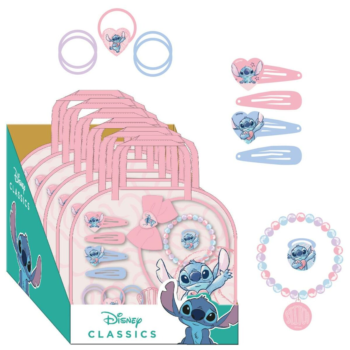 Disney Classics Set mit Stitch-Zubehör: Haargummis, Clips, Armband und Taschen. Rosa- und Blau-Farbschema, mit Stitch-Illustrationen.