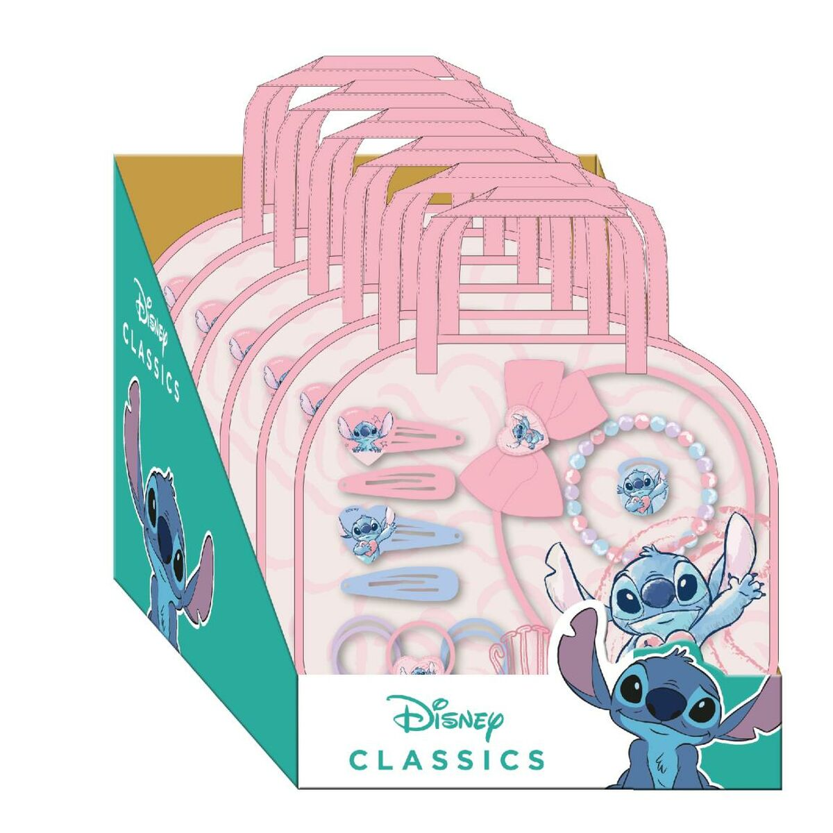 Ein Disney Classics-Geschenkset mit Accessoires zum Thema Stitch. Das Set enthält rosa Taschen, Haarspangen, ein Armband und Stitch-Illustrationen.